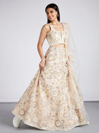 House of Panchhi Cream Net Sequins, Mirror And Thread Embroidery Lehenga Choli & Dupatta