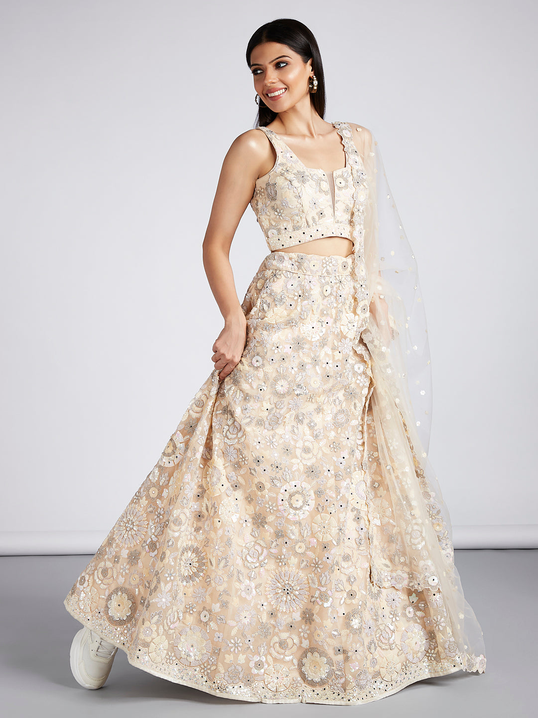 House of Panchhi Cream Net Sequins, Mirror And Thread Embroidery Lehenga Choli & Dupatta