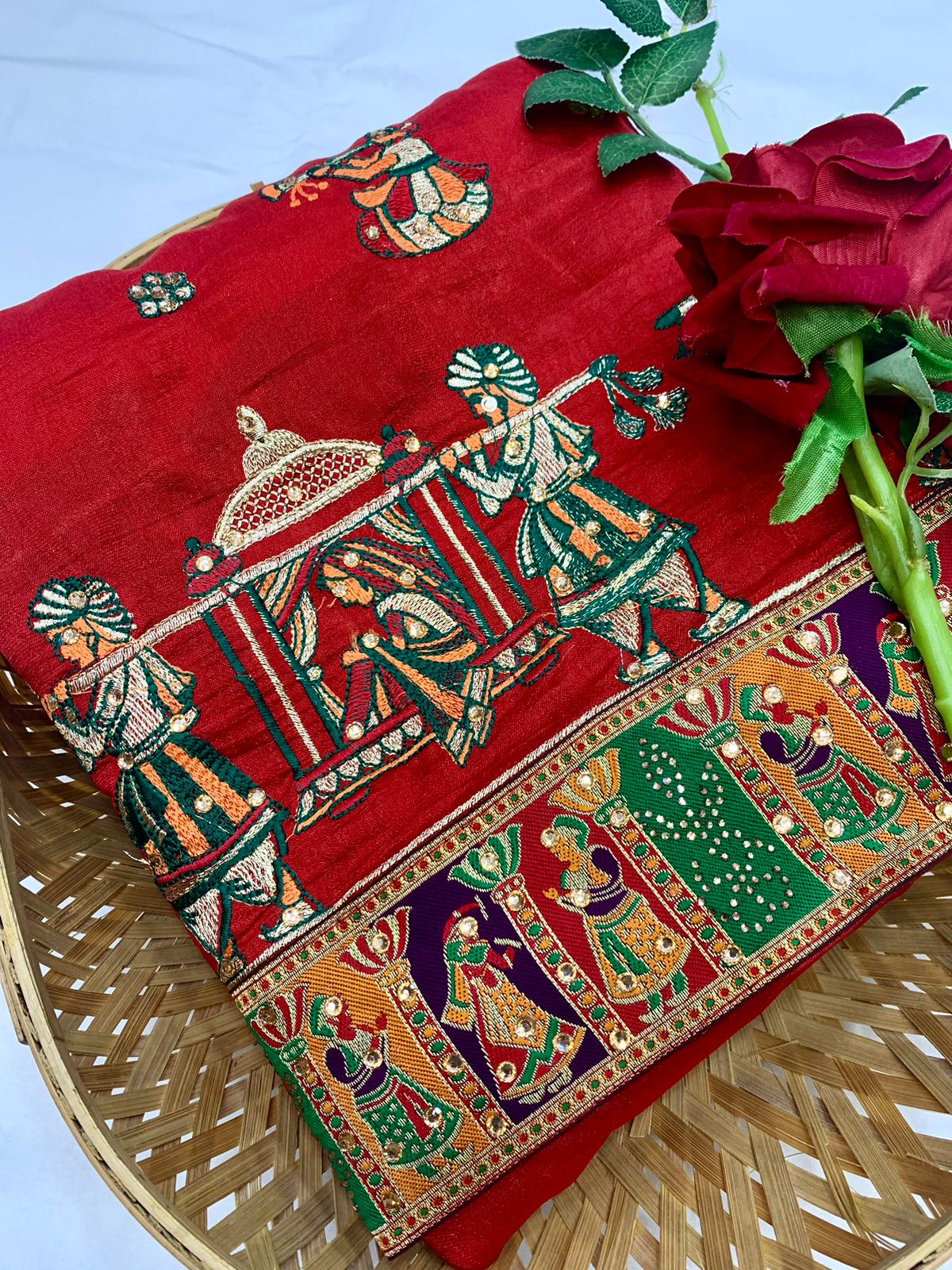 Lorenvalley Fashion Premium Red Vichitra Silk Embroidery and Diamond work Both Side Saree