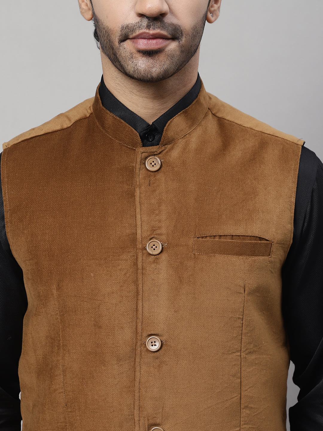 Even Apparels Men's Brown Nehru Jacket With Welt Pockets