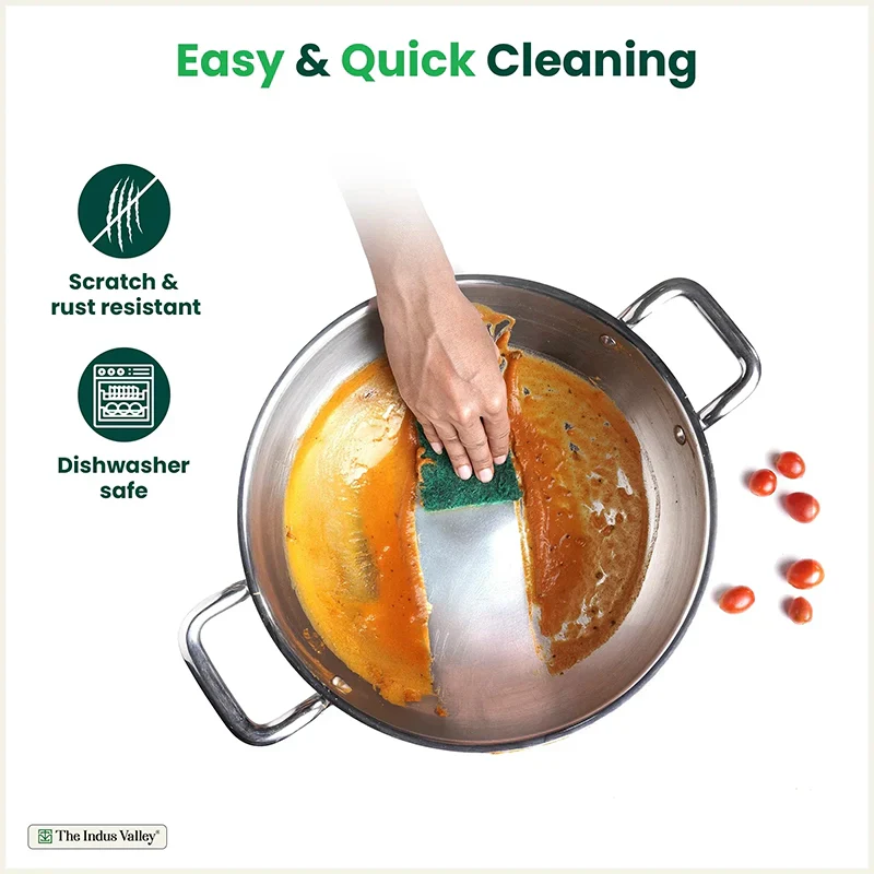 The Indus Valley TurboCuk Tri-ply Stainless Steel Kadai+ Glass Lid, Premium Quality, 3 Layer Thick Body, 100% Toxin-free, Non-stick, Induction & Gas, 1.7/2.7/3.5L