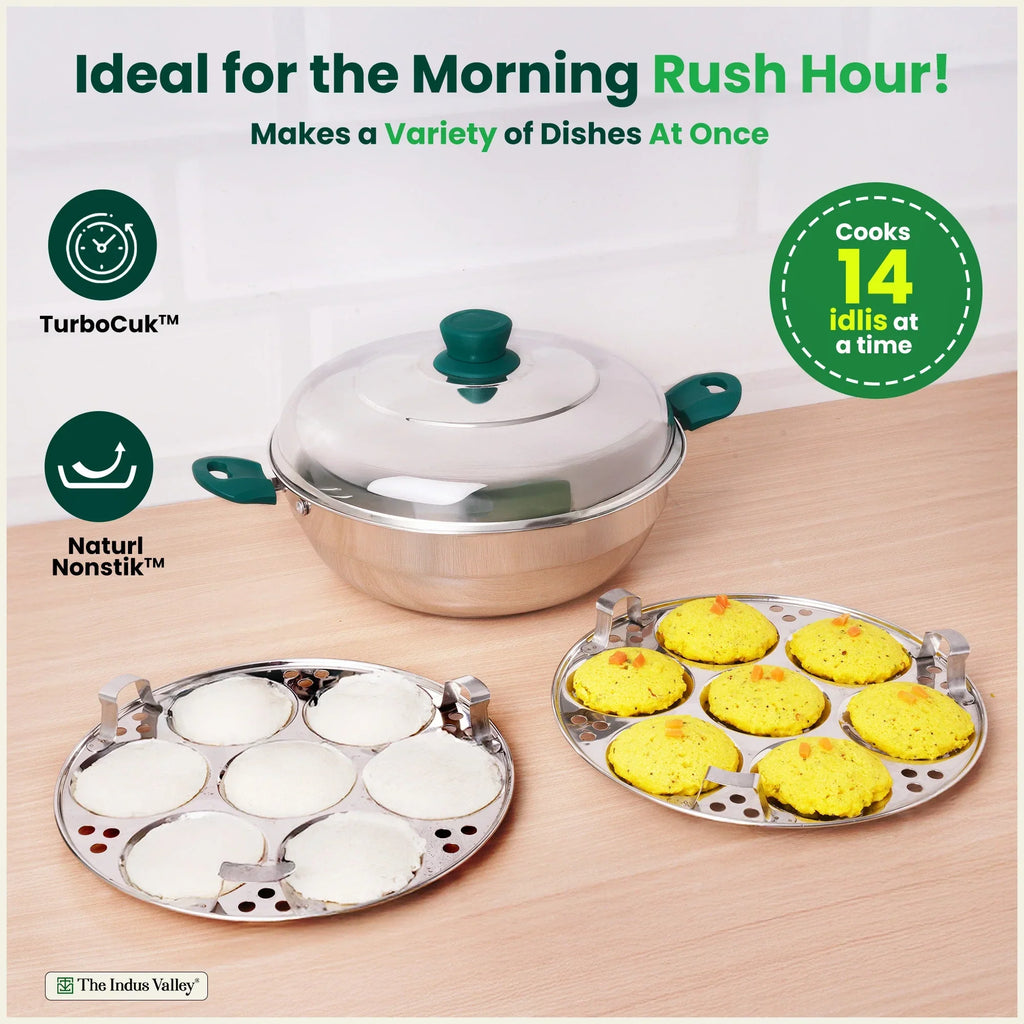 The Indus Valley 14 Pit Tri-Steel Multi Pot Premium Stainless Steel Idli/ Momo Maker/  Veg Steaming Set, Tri-ply Induction Bottom, 2 Plates, 27cm