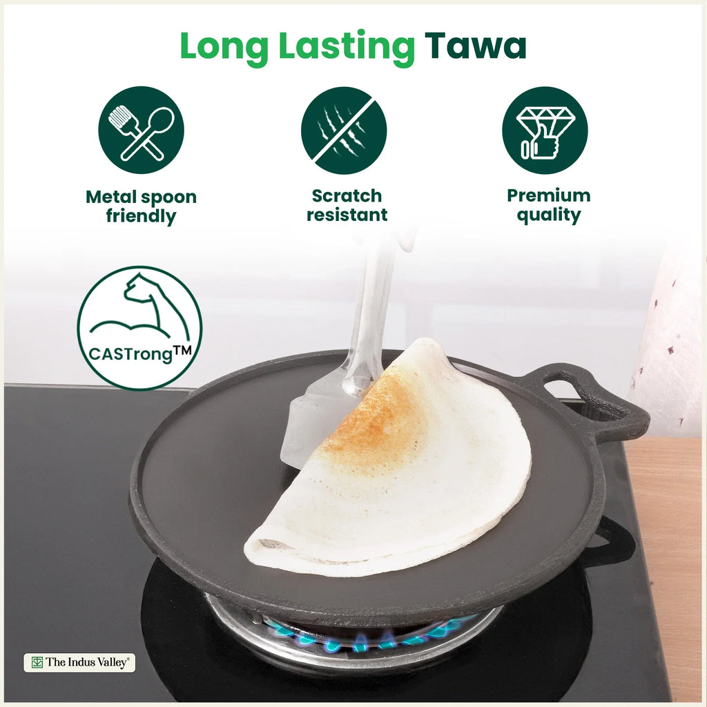 The Indus Valley Super Smooth Cast Iron Tawa,Pre-seasoned, Nonstick, 100% Pure, Toxin-free, Spatula, 26.7cm/30.2cm