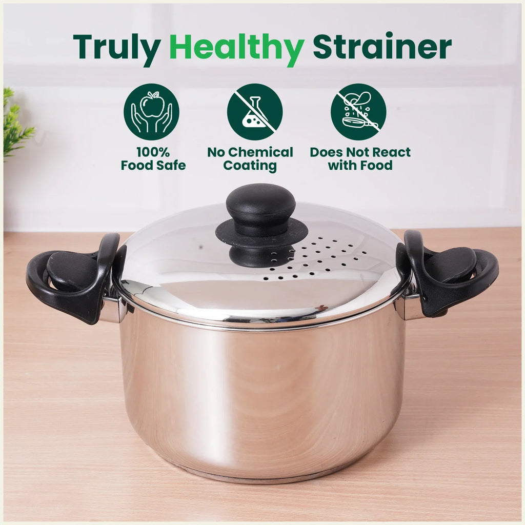 The Indus Valley Tri-steel Stainless Steel Rice Pot with Strainer Lid & Lockable Bakelite Handles, Tri-ply 3-Layer Heavy Bottom | Noodle/Pasta/Corn/Soya/Veggies Boiler Pot, Steamer Cooker, Induction & Gas, 1.08 Kg, 19cm, 3.5 L
