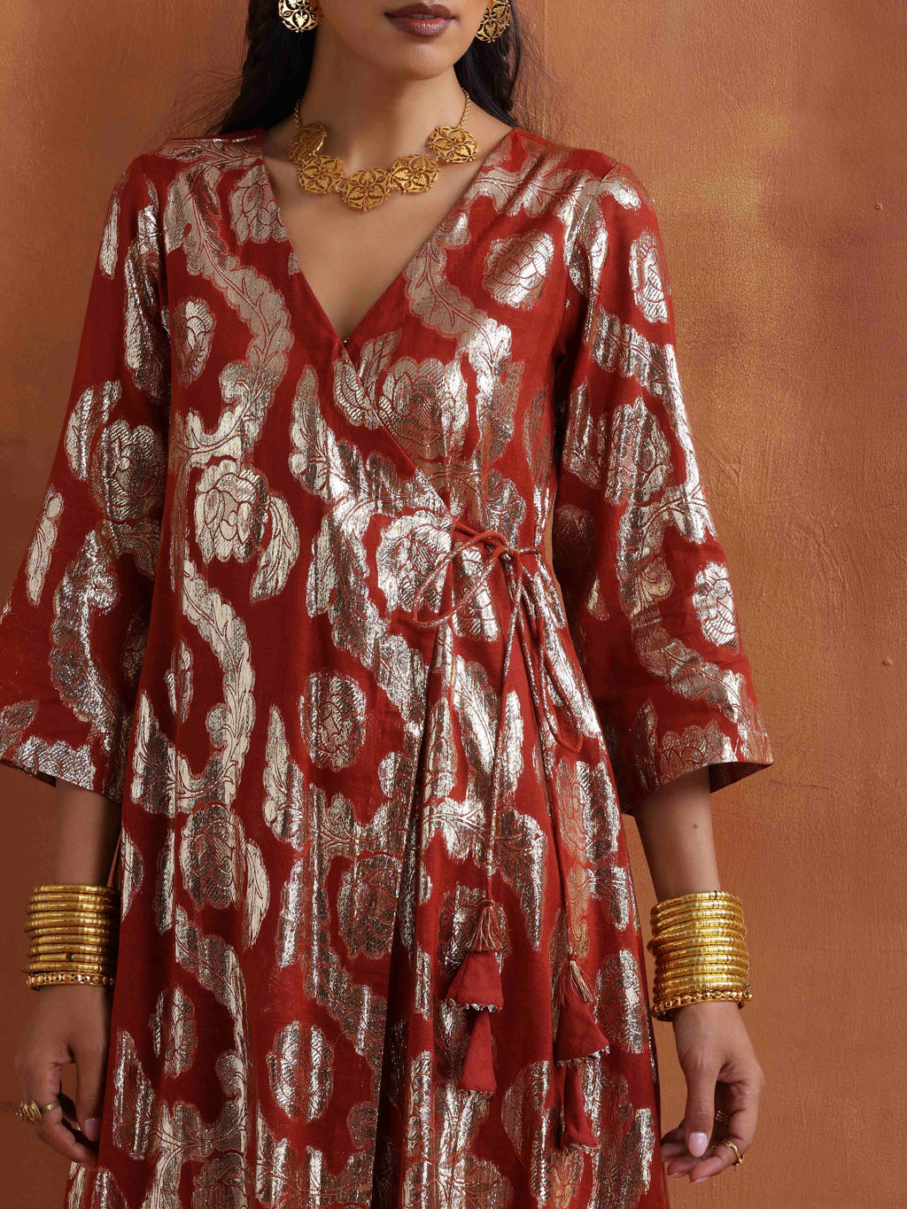 trueBrowns Rust Metallic Angrakha Kurta Set - Distacart