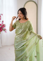 Evanik Designer Heavy Fendy Satin With Beads Embroidered Work Saree With Unstitched Blouse - Distacart