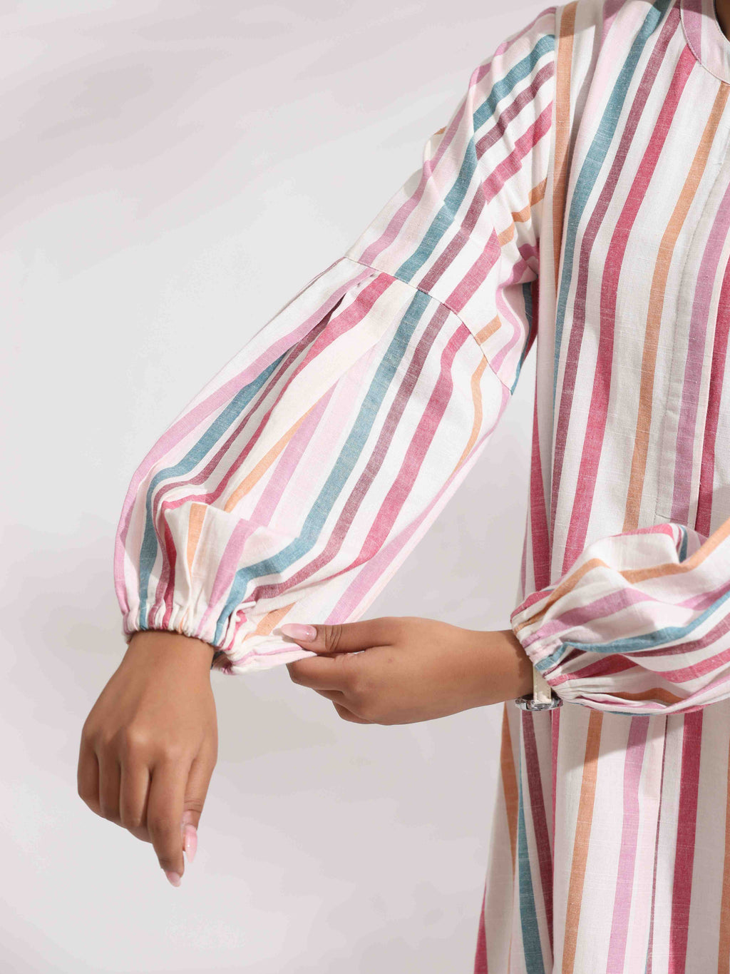 trueBrowns Off-White Cotton Multi Stripe Short Dress - Distacart