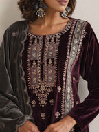 trueBrowns Purple Velvet Embroidered Kurta Pant Dupatta Set - Distacart