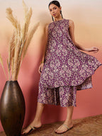 InWeave Dusty Mauve Paisley Round Neck Kurta Short Palazzo Set