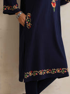 trueBrowns Blue Floral Embroidered Woollen Phiran Kurta - Distacart
