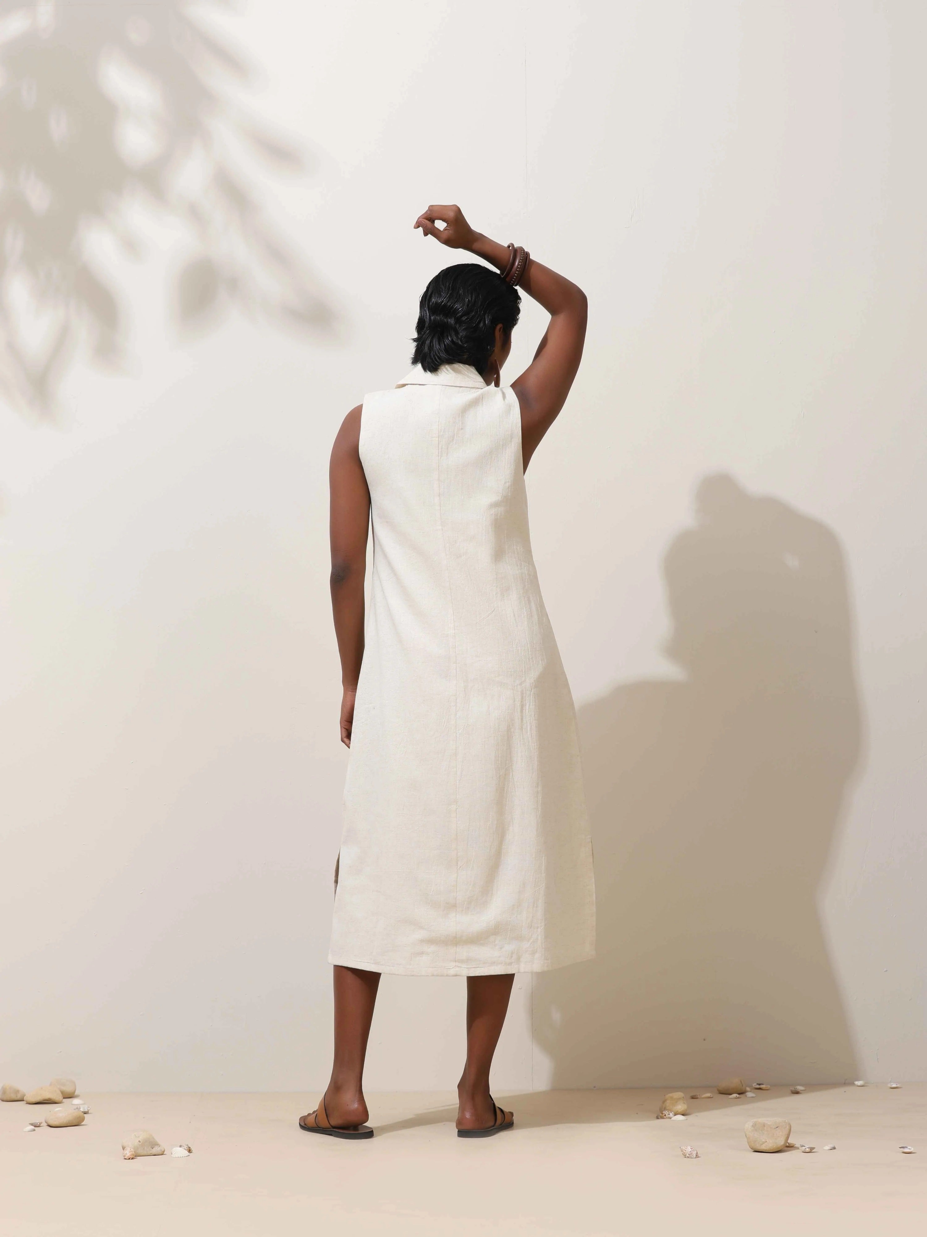 trueBrowns Off-White Cotton Linen Dress - Distacart