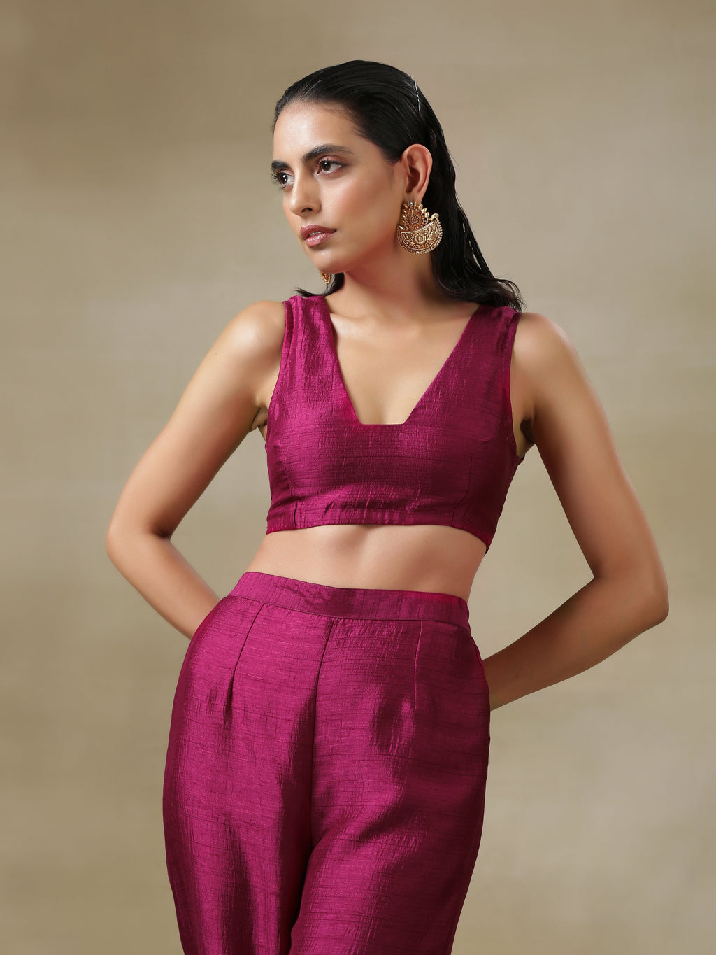 trueBrowns Purple Textured Silk Overlay Jacket Blouse Pant Set | Relove - Distacart