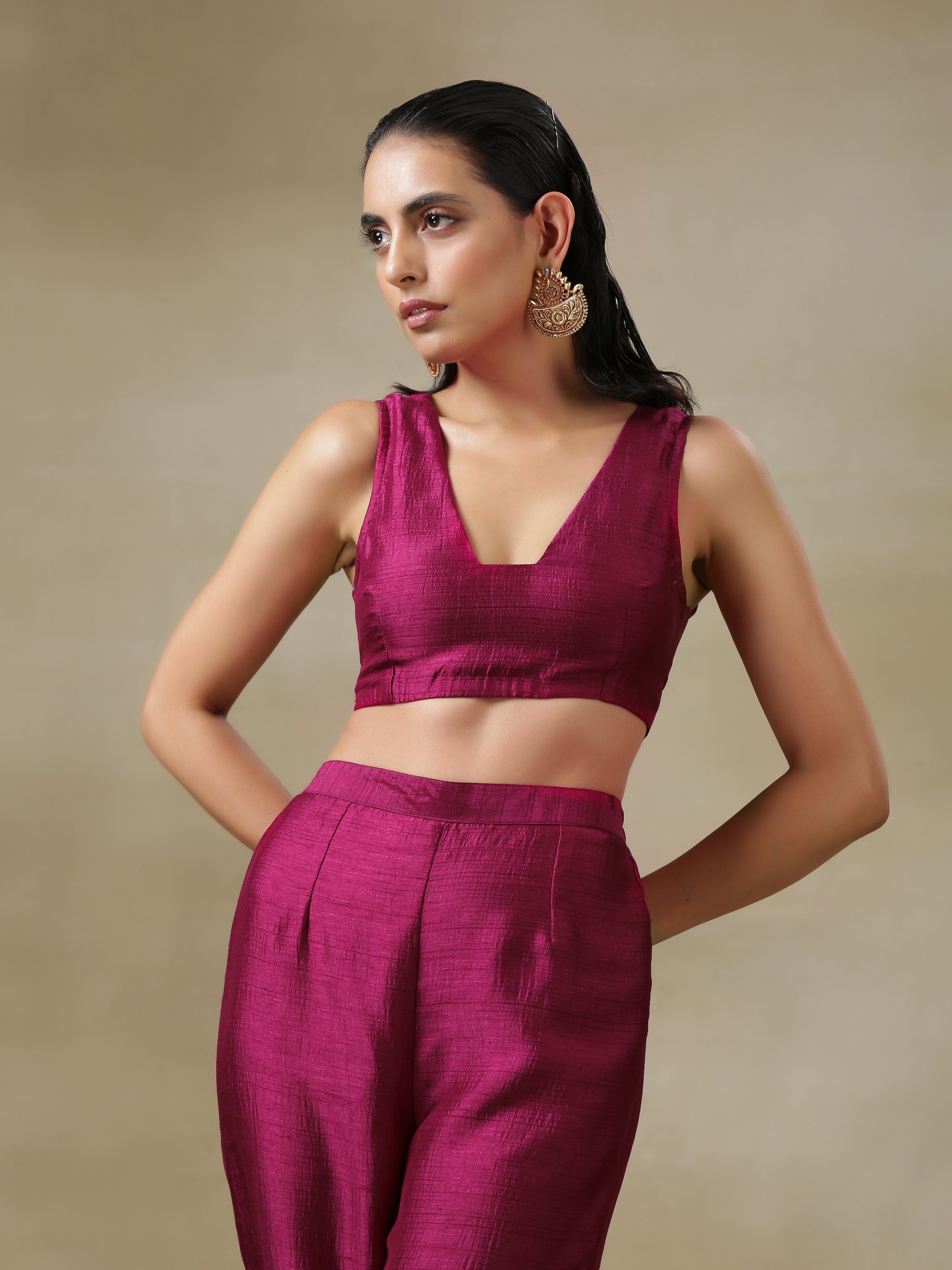 trueBrowns Purple Textured Silk Overlay Jacket Blouse Pant Set | Relove - Distacart