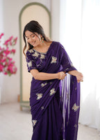 Evanik Purple Mos Silk With Handwork Butterfly Design Saree With Unstitched Blouse - Distacart