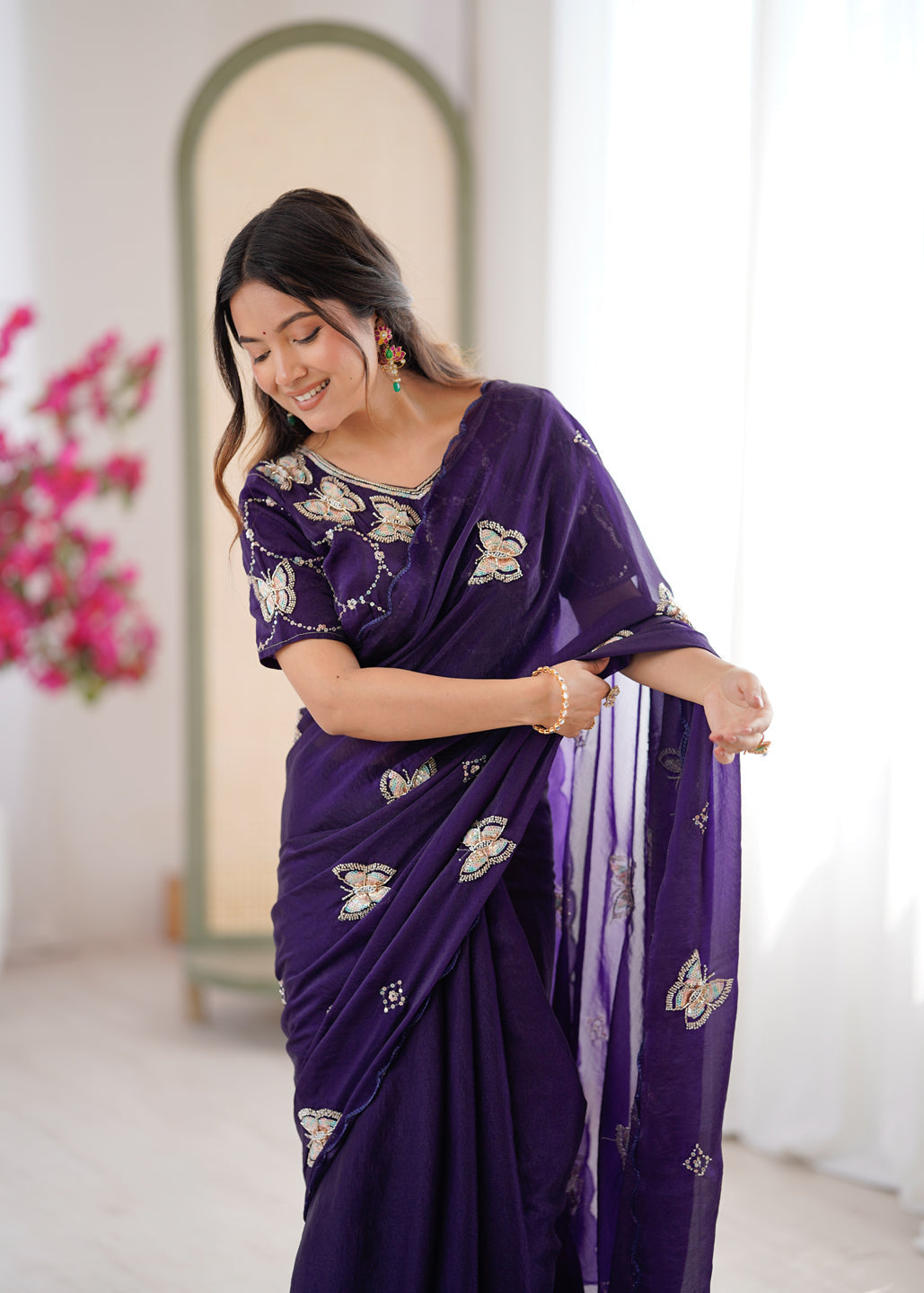 Evanik Purple Mos Silk With Handwork Butterfly Design Saree With Unstitched Blouse - Distacart