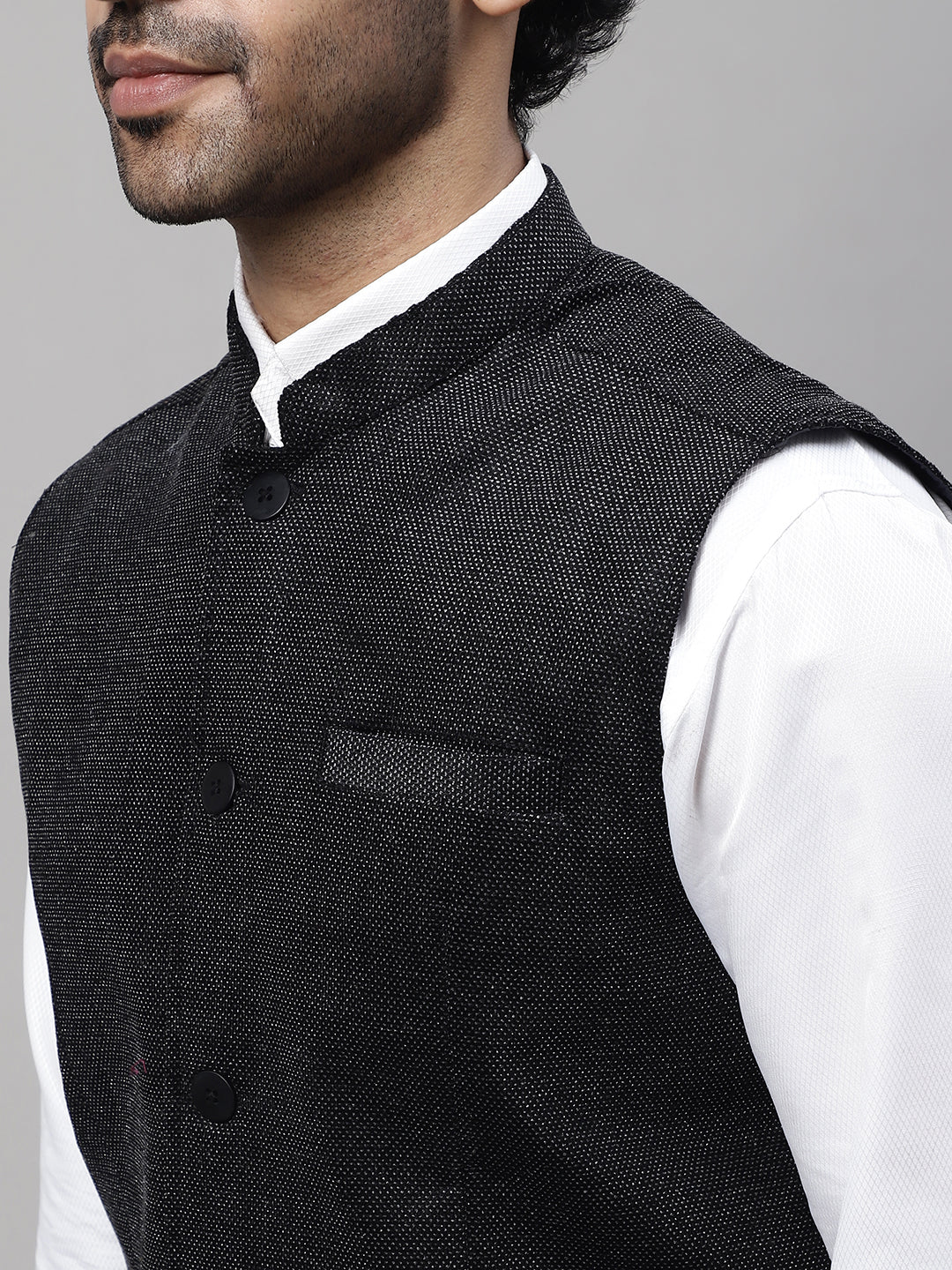 Even Apparels Men's Black Nehru Jacket With Welt Pockets