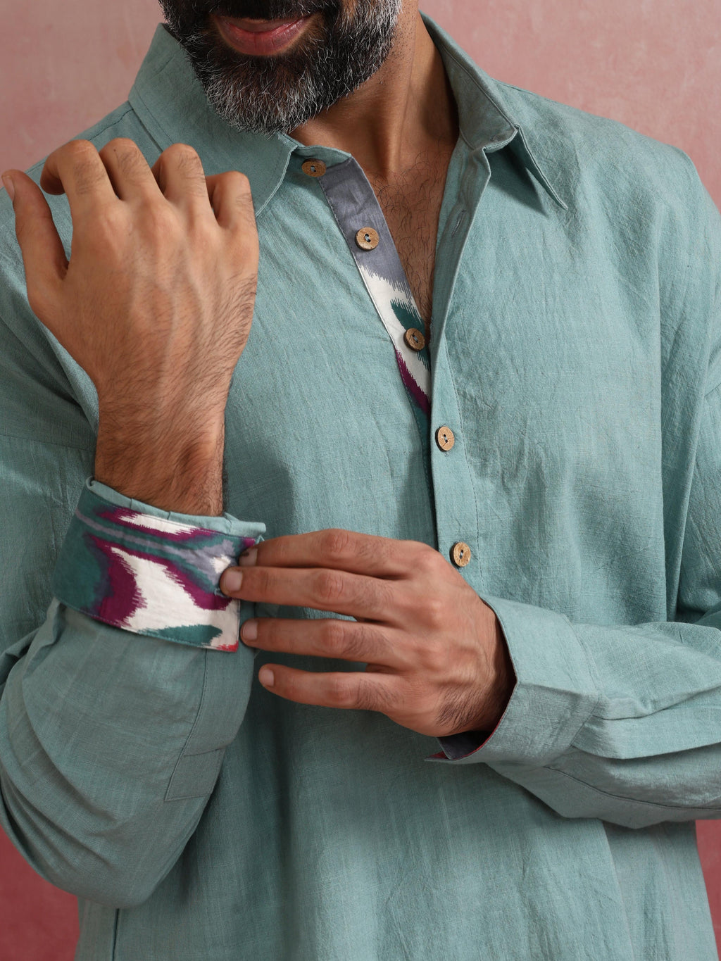 trueBrowns Men's Aqua Blue Cotton Shirt Collar Stylized Kurta