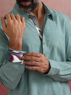 trueBrowns Men's Aqua Blue Cotton Shirt Collar Stylized Kurta