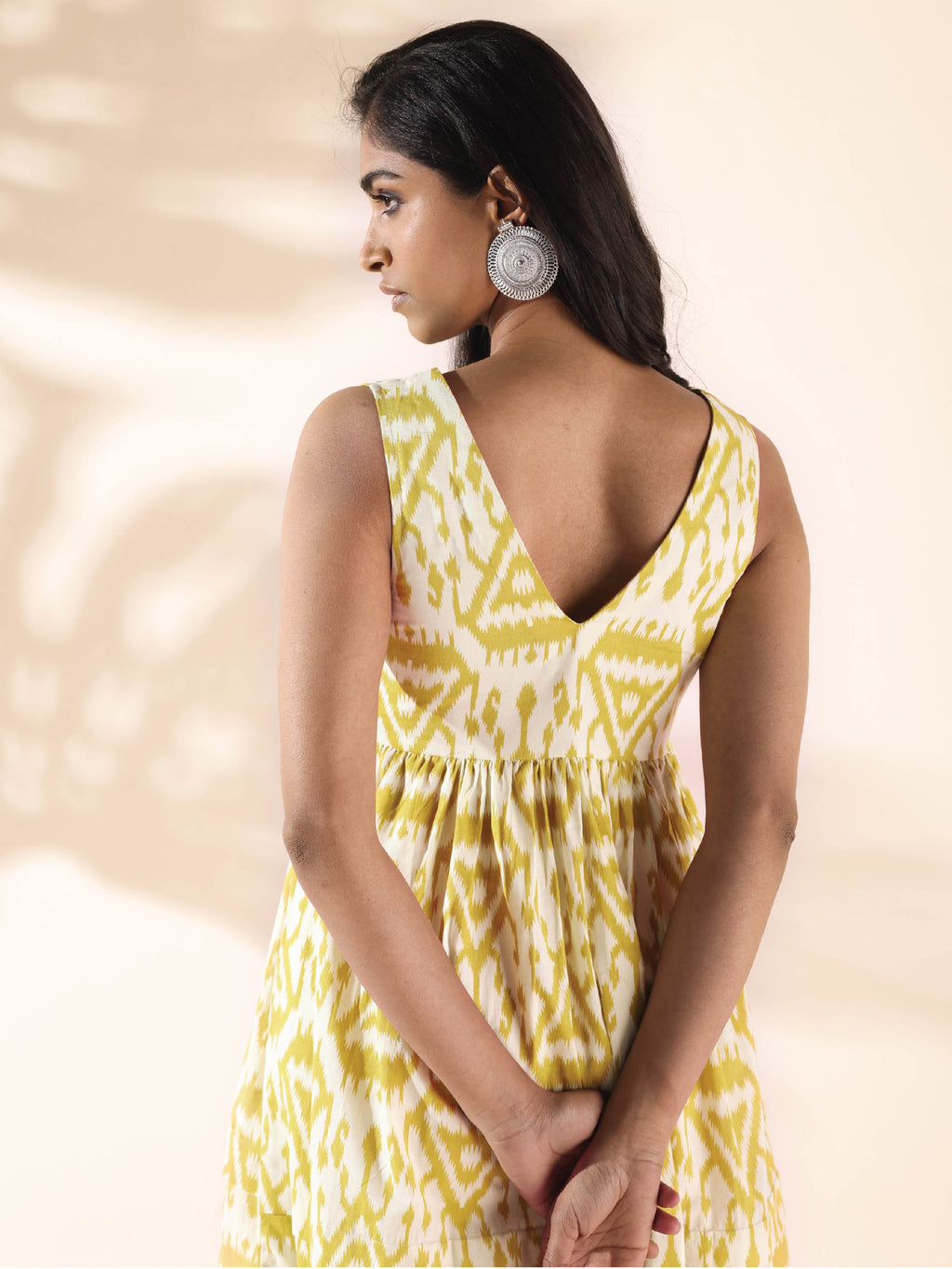 trueBrowns Lime Cotton Ikat Sleeveless Flared Dress - Distacart
