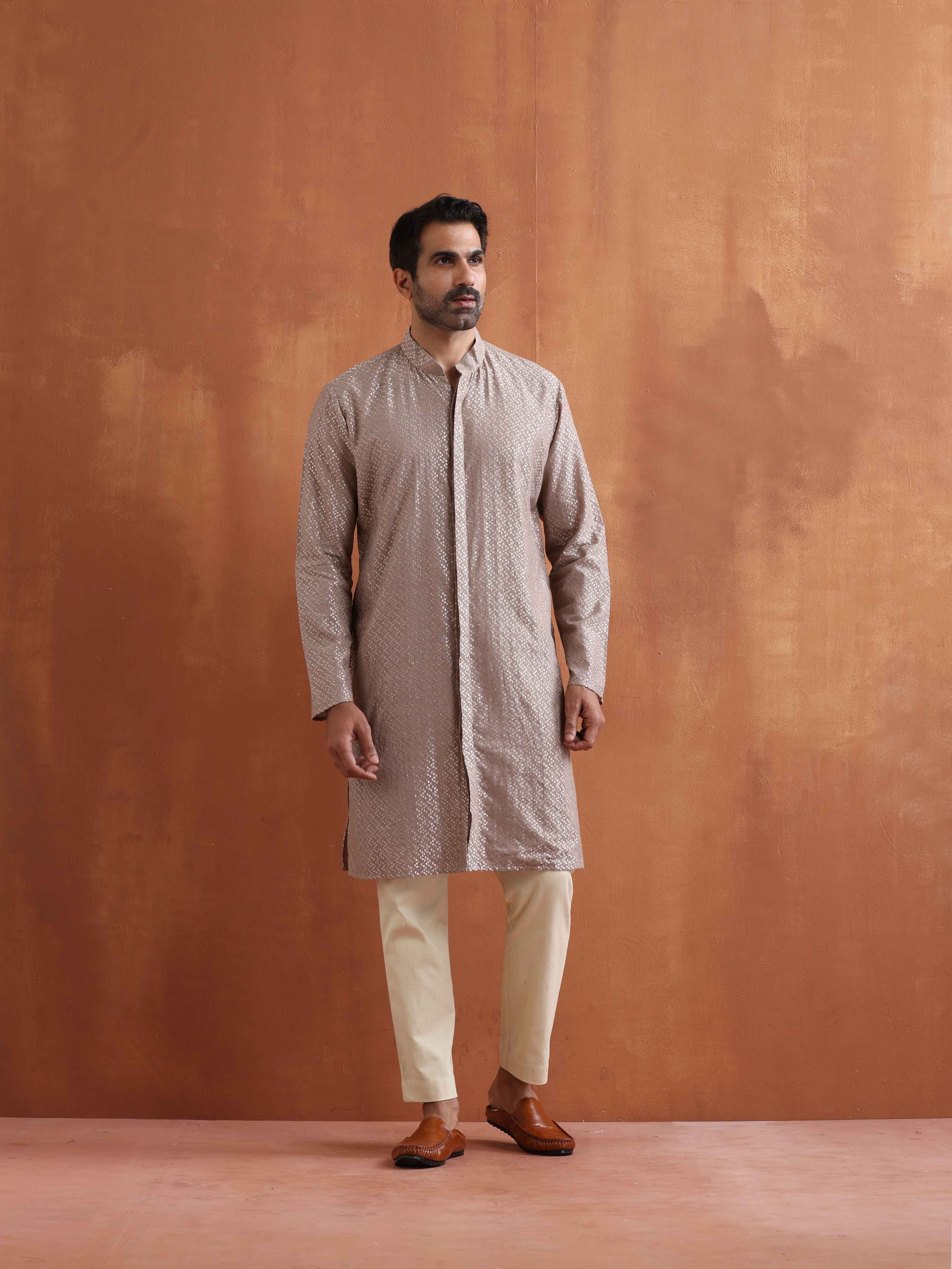 trueBrowns Men's Beige Cotton Dobby Kurta