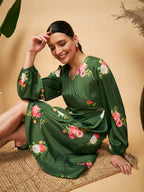 InWeave Women's Green Small Flower Belted Dress - Distacart