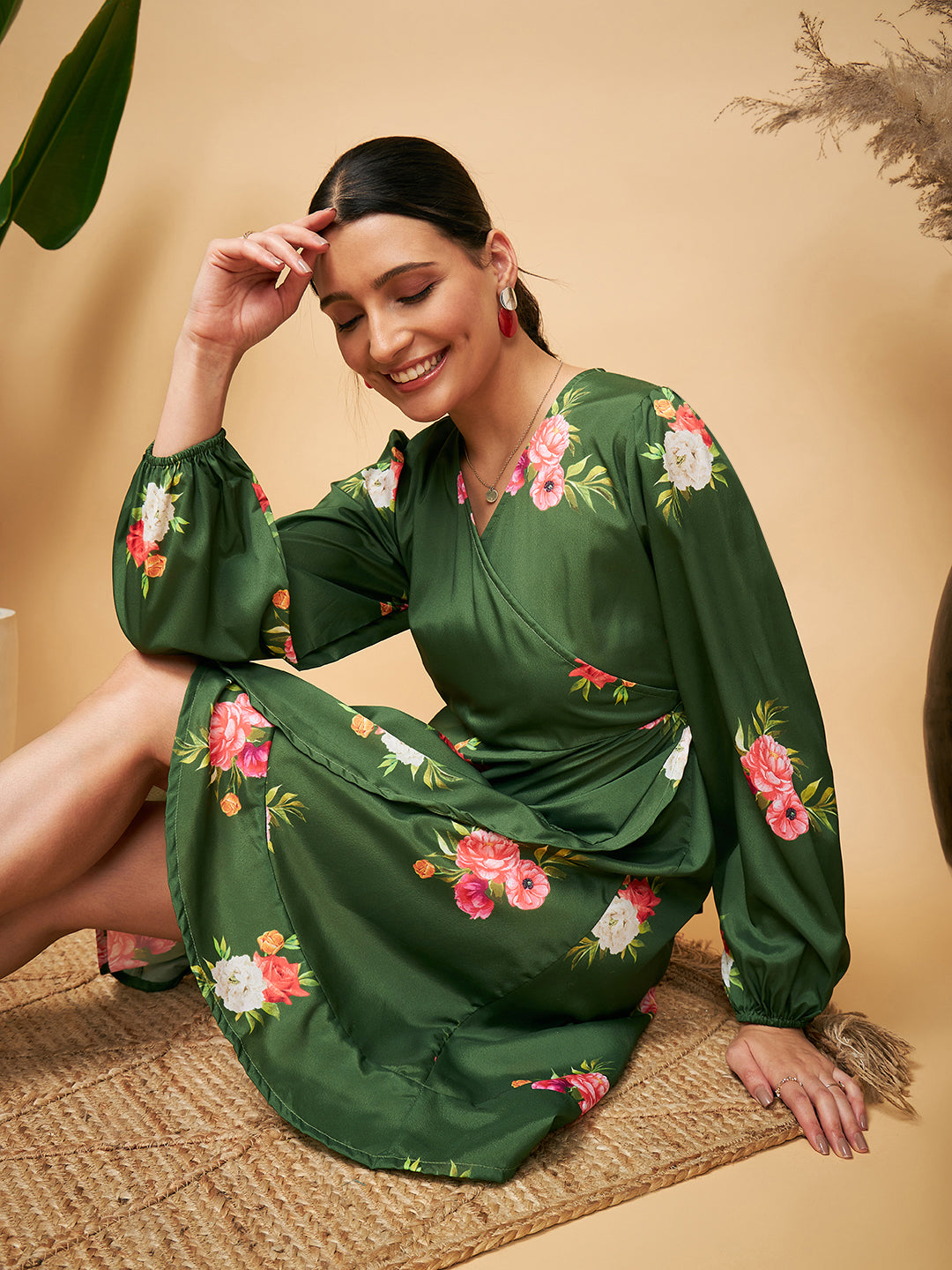 InWeave Women's Green Small Flower Belted Dress - Distacart