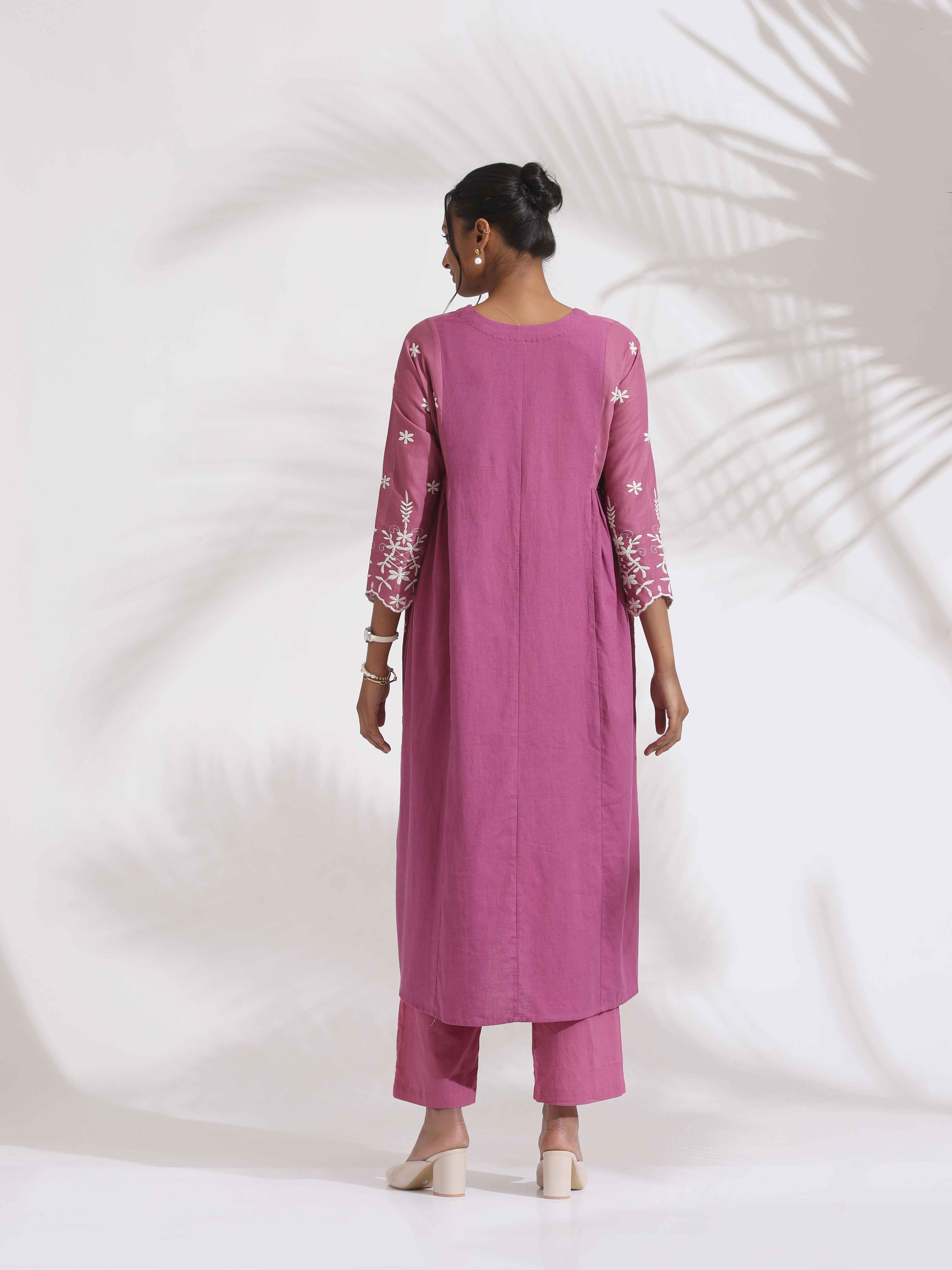 trueBrowns Pink Cotton Floral Embroidered Flared Kurta Set - Distacart