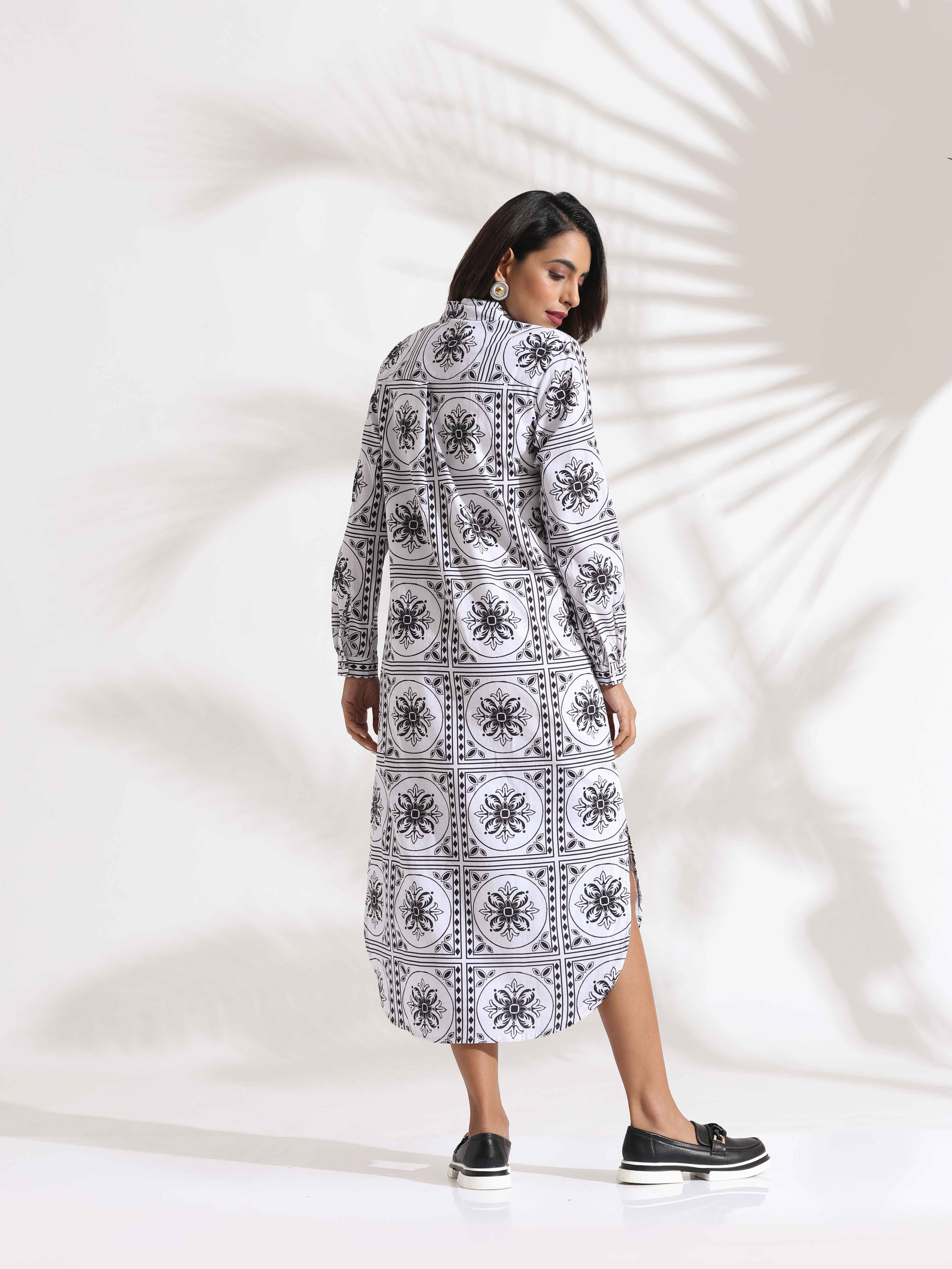 trueBrowns White Cotton Print Shirt Dress - Distacart