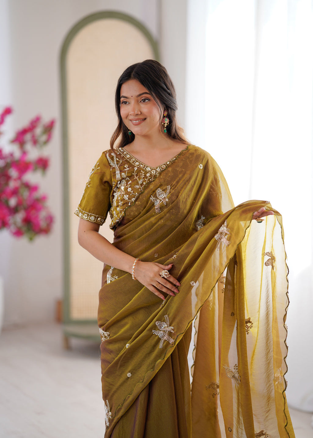 Evanik Mehendi Mos Silk With Handwork Butterfly Design Saree With Unstitched Blouse - Distacart