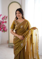 Evanik Mehendi Mos Silk With Handwork Butterfly Design Saree With Unstitched Blouse - Distacart