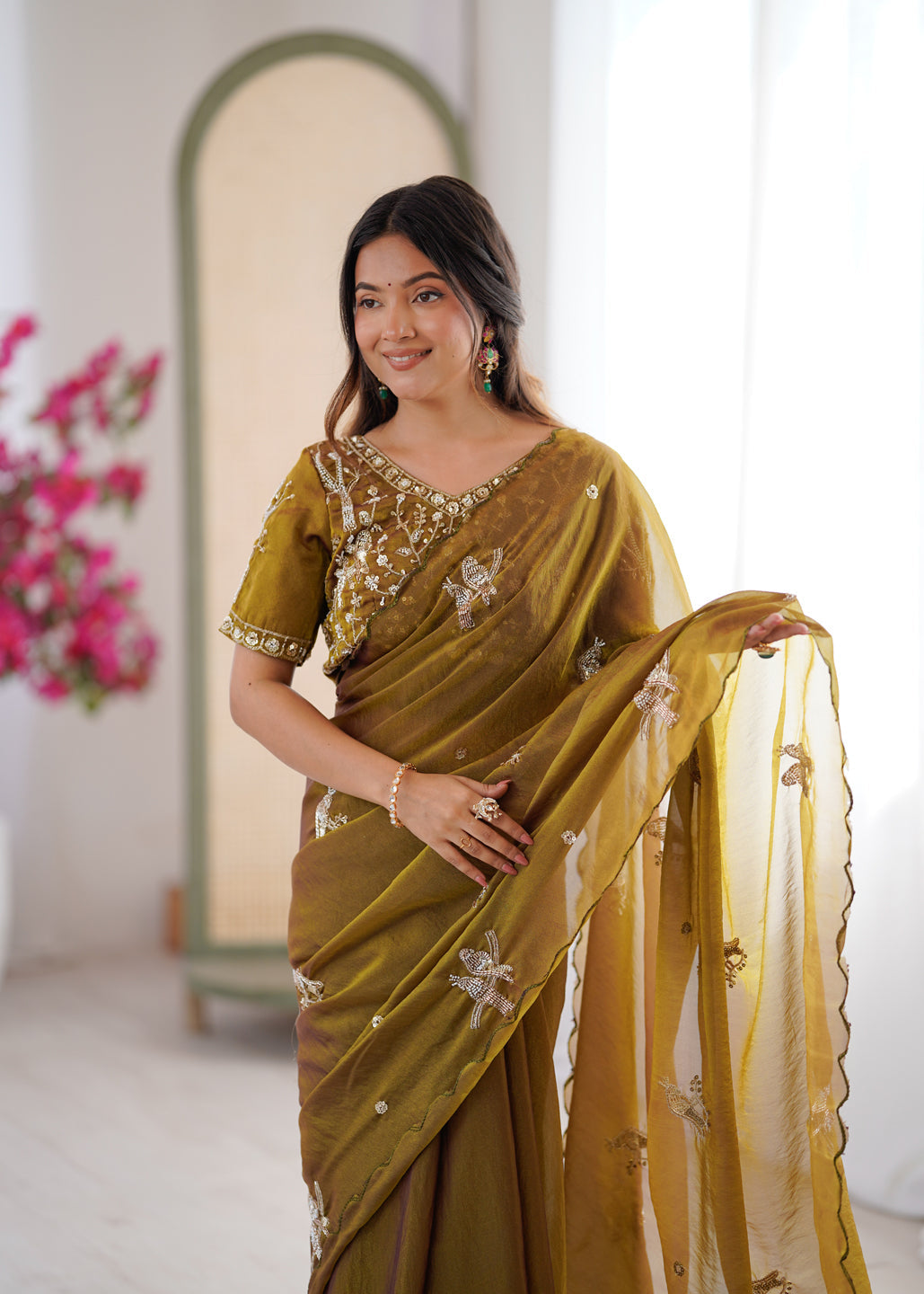 Evanik Mehendi Mos Silk With Handwork Butterfly Design Saree With Unstitched Blouse - Distacart