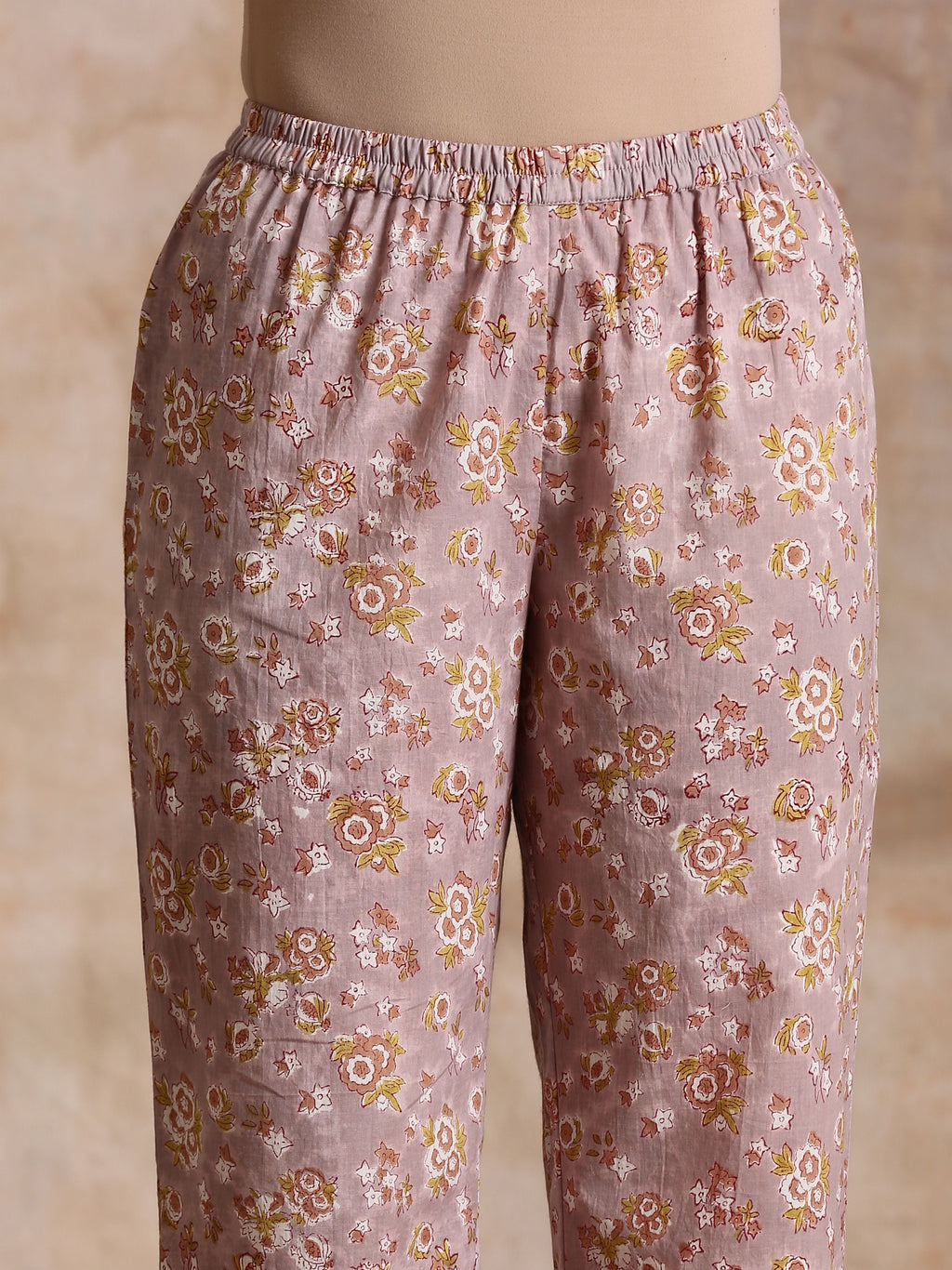 trueBrowns Grey Overall Floral Block Print Cotton Flared Slit Kurta Pant Set | Relove - Distacart