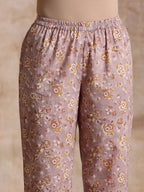 trueBrowns Grey Overall Floral Block Print Cotton Flared Slit Kurta Pant Set | Relove - Distacart