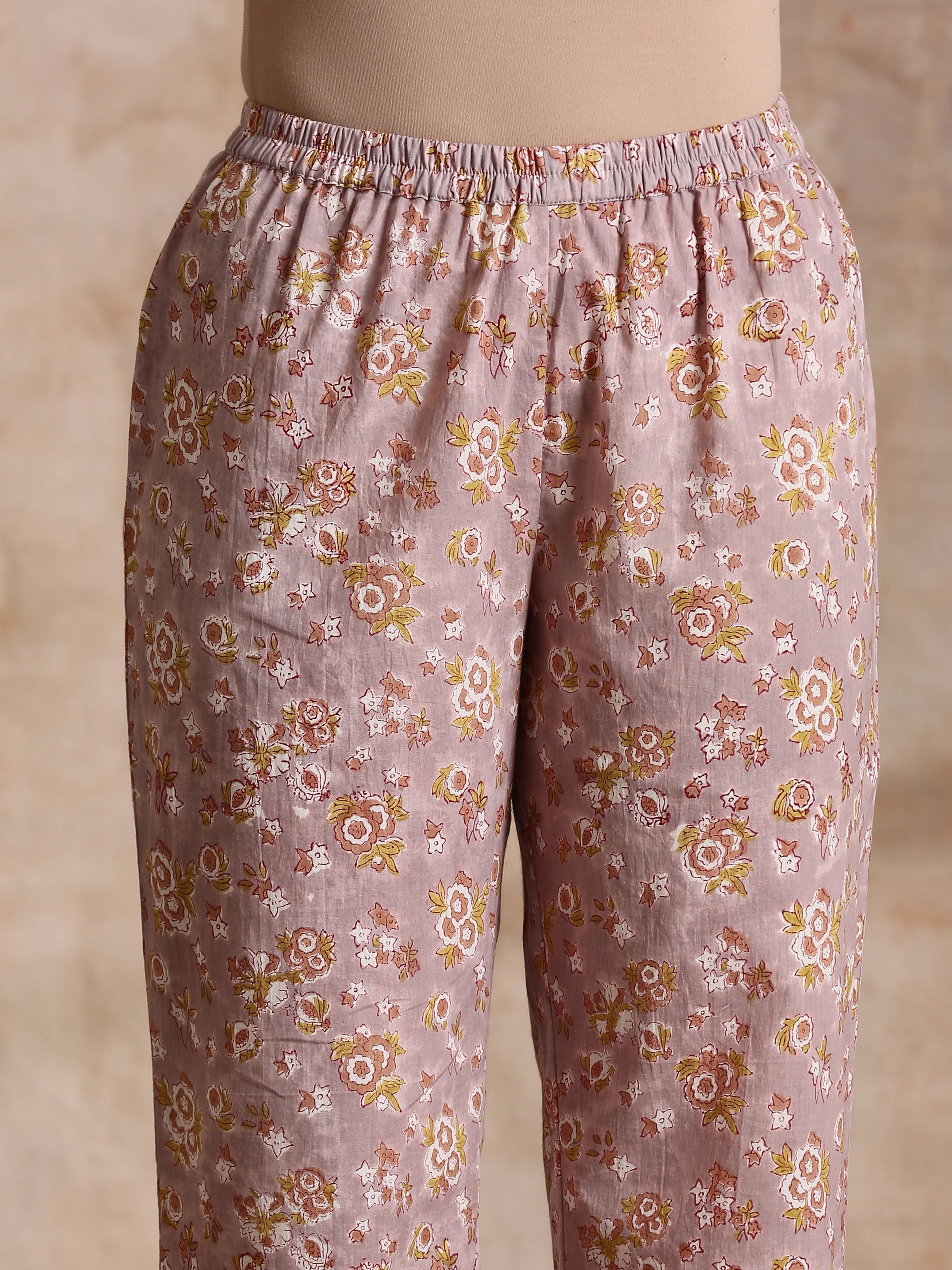 trueBrowns Grey Overall Floral Block Print Cotton Flared Slit Kurta Pant Set | Relove - Distacart
