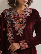 trueBrowns Maroon Velvet Floral Embroidered Kurta Pant Dupatta Set - Distacart