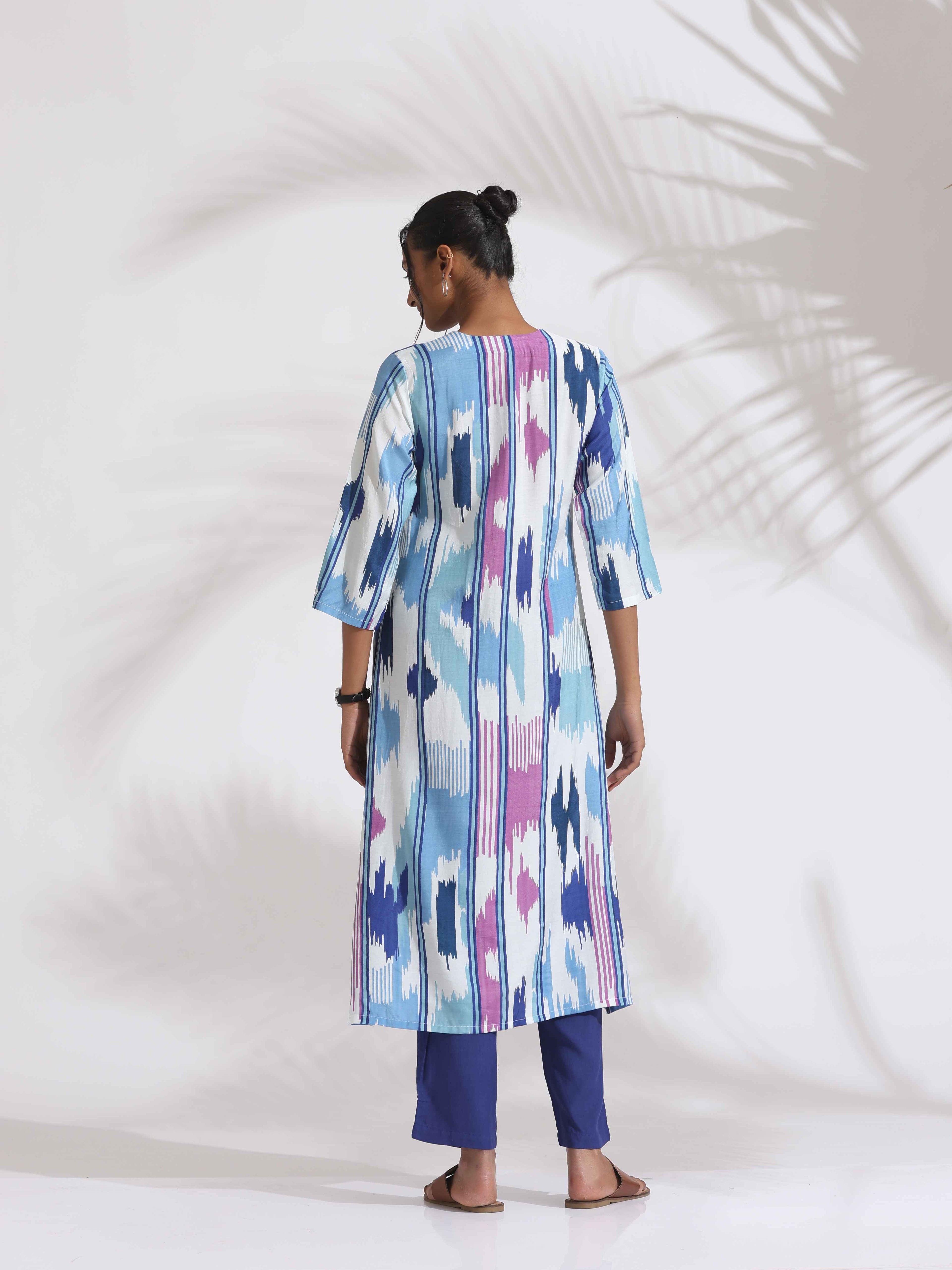 trueBrowns Blue Ikat Print Muslin Kurta Set - Distacart