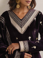 trueBrowns Wine Velvet Floral Embroidered Kurta Pant Dupatta Set - Distacart