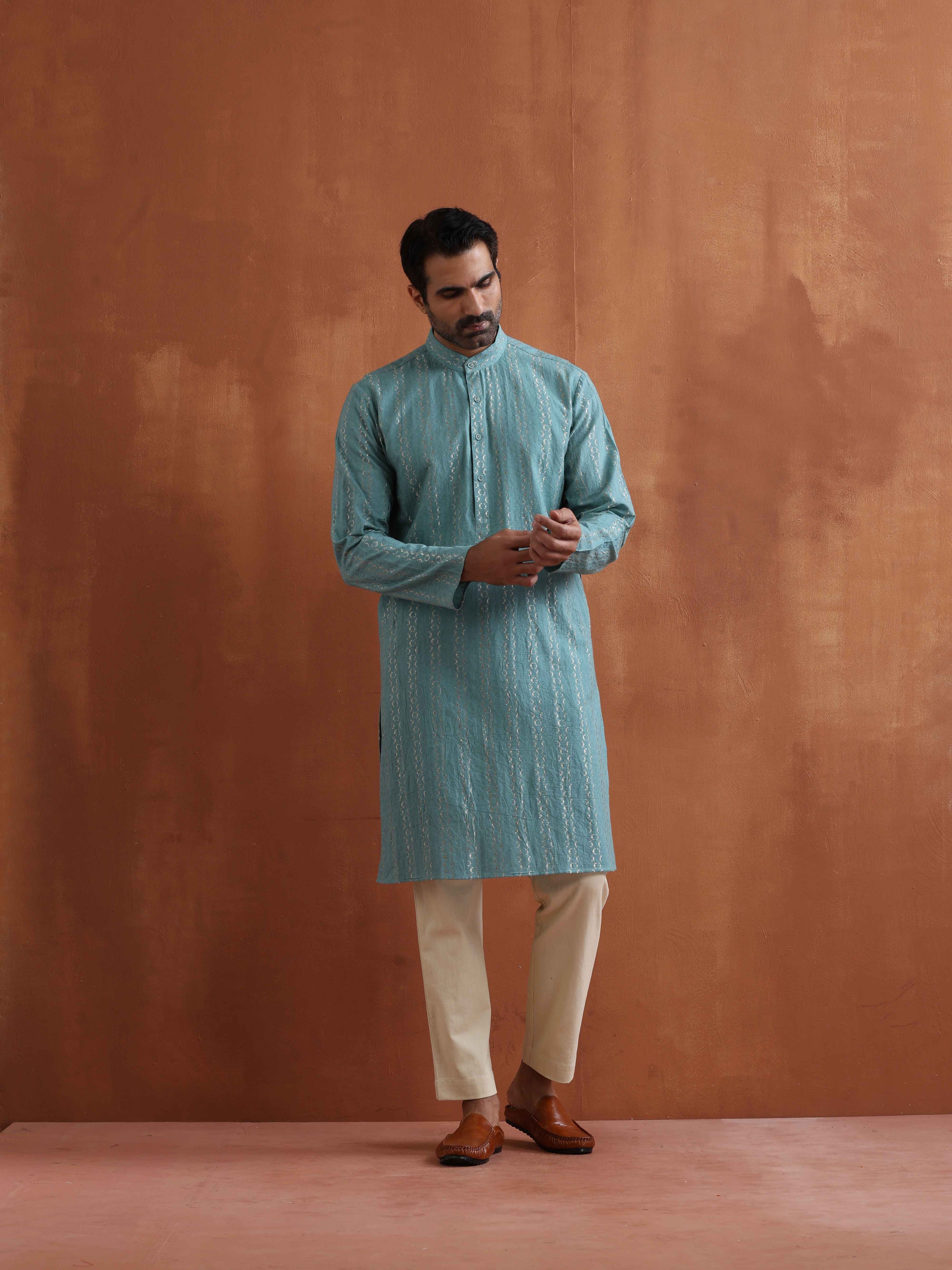 trueBrowns Men's Green Textured Cotton Dobby Kurta
