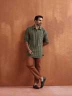 trueBrowns Men's Olive Green Cotton Dobby Short Kurta