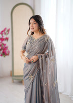 Evanik Grey Mos Silk With Handwork Butterfly Design Saree With Unstitched Blouse - Distacart