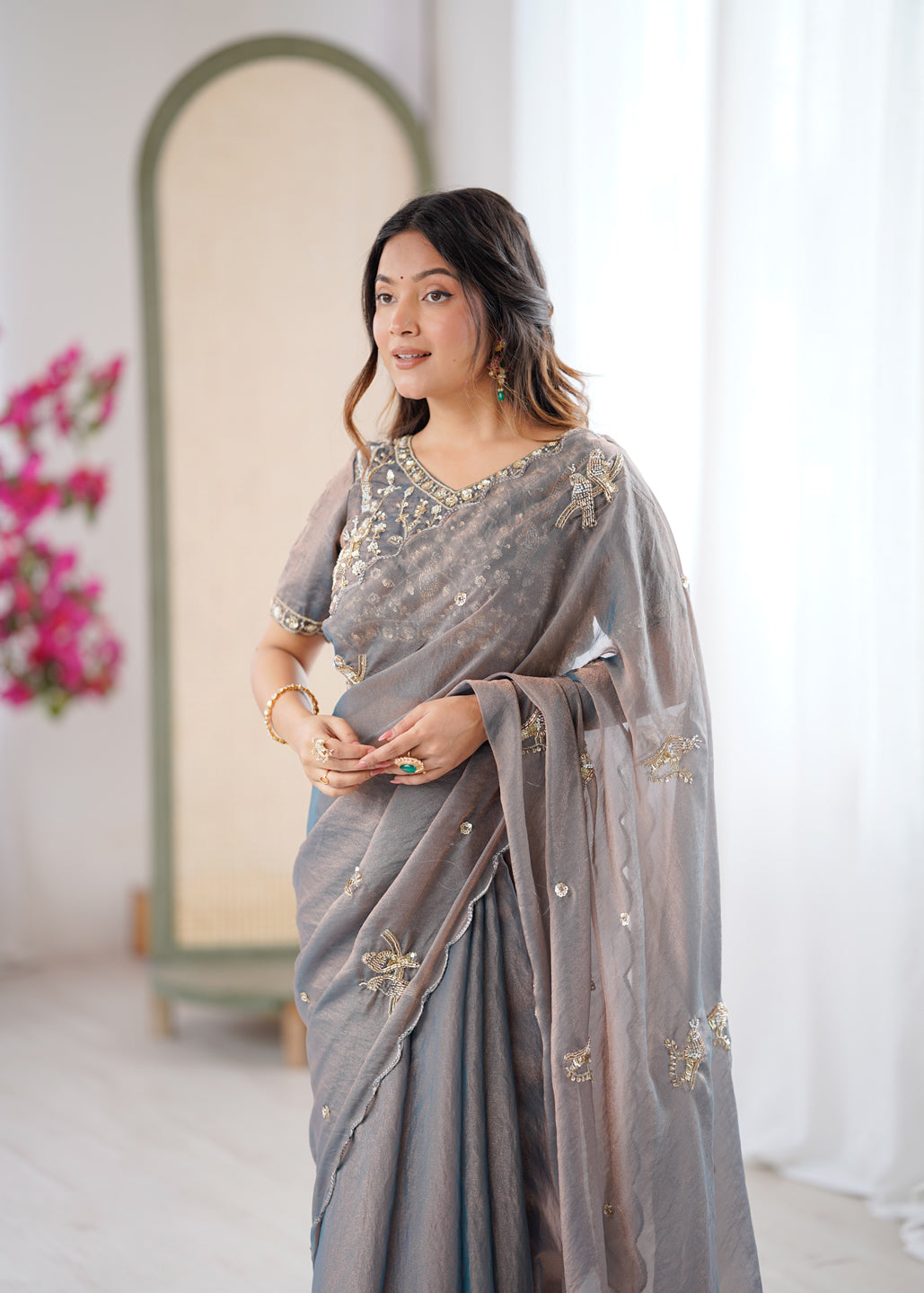 Evanik Grey Mos Silk With Handwork Butterfly Design Saree With Unstitched Blouse - Distacart