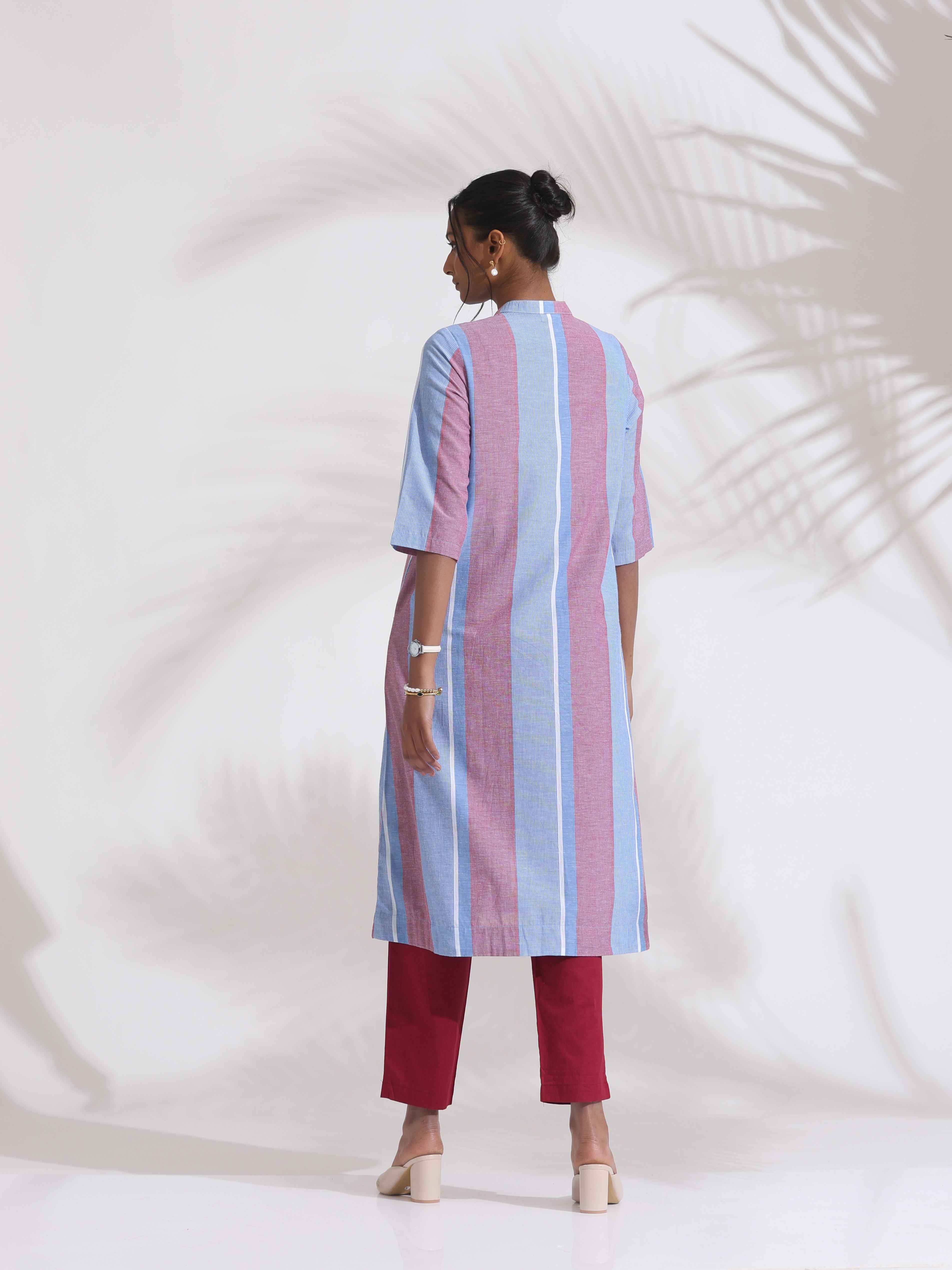 trueBrowns Blue Cotton Stripe Straight Kurta Set - Distacart