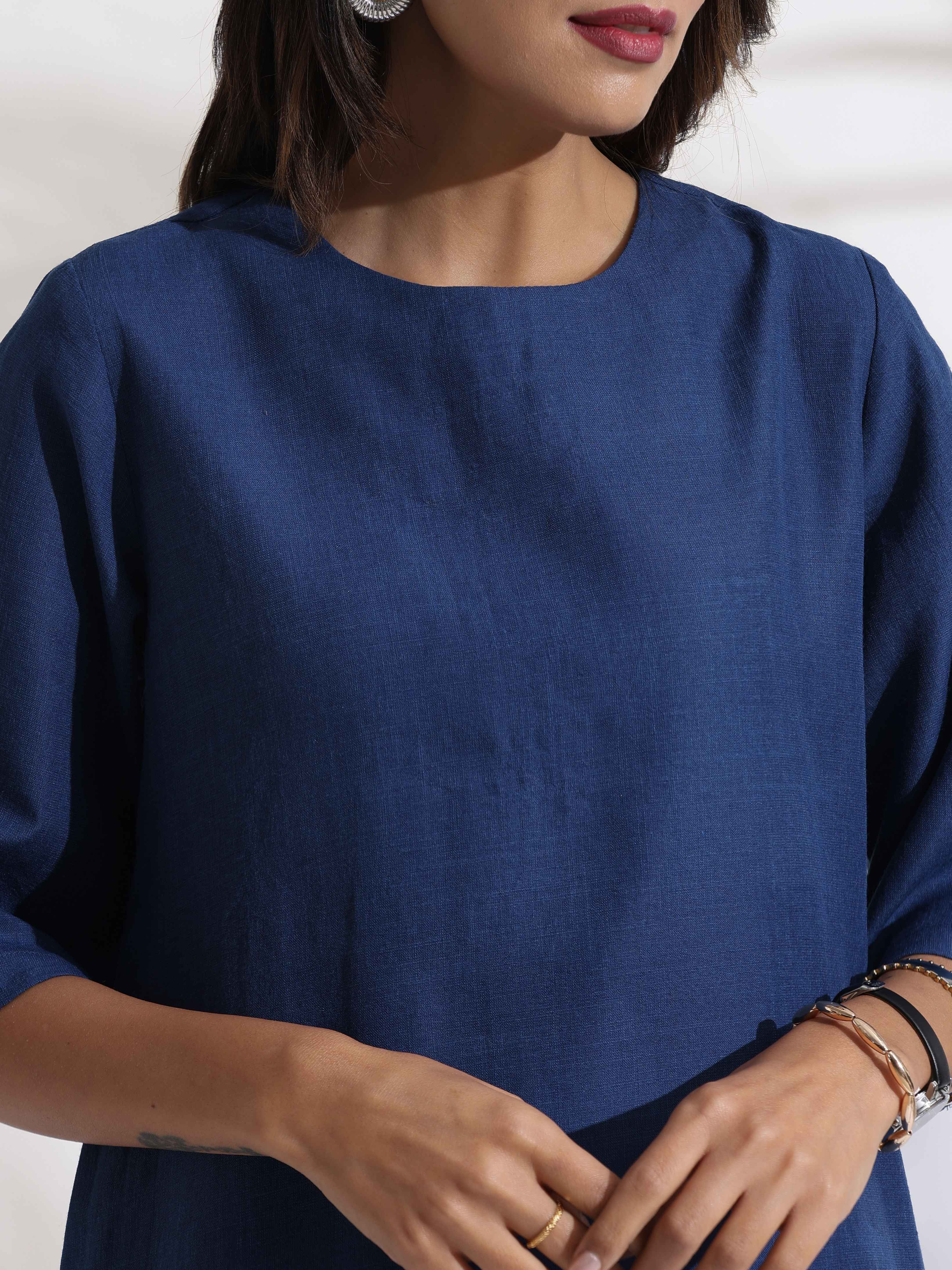 trueBrowns Blue Slub Dress - Distacart