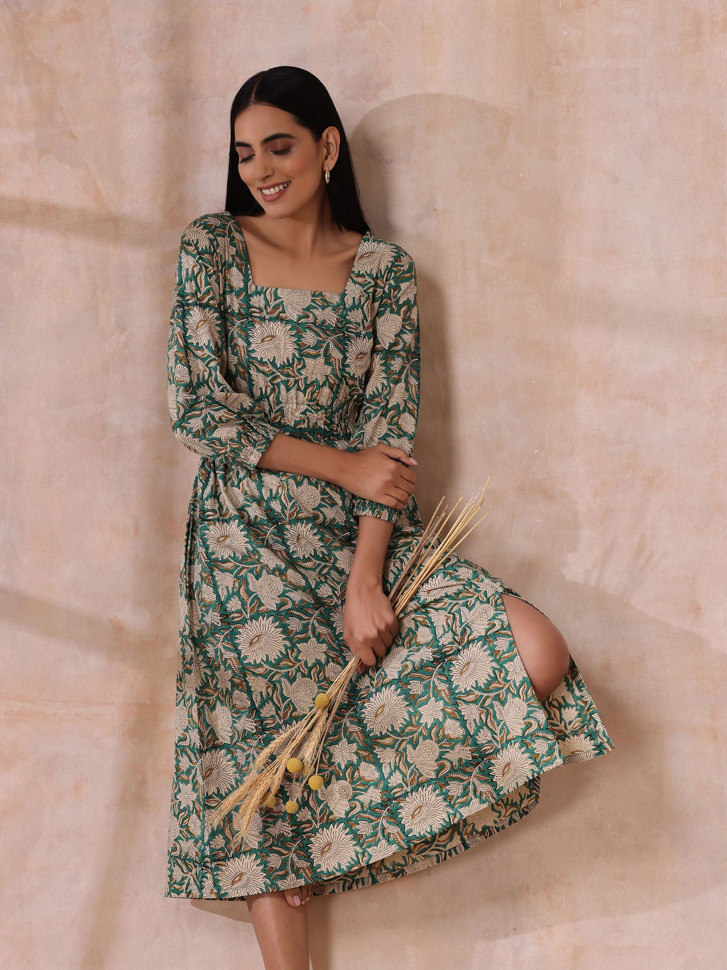 trueBrowns Fern Green Overall Floral Block Print Cotton Square Neck Dress - Distacart