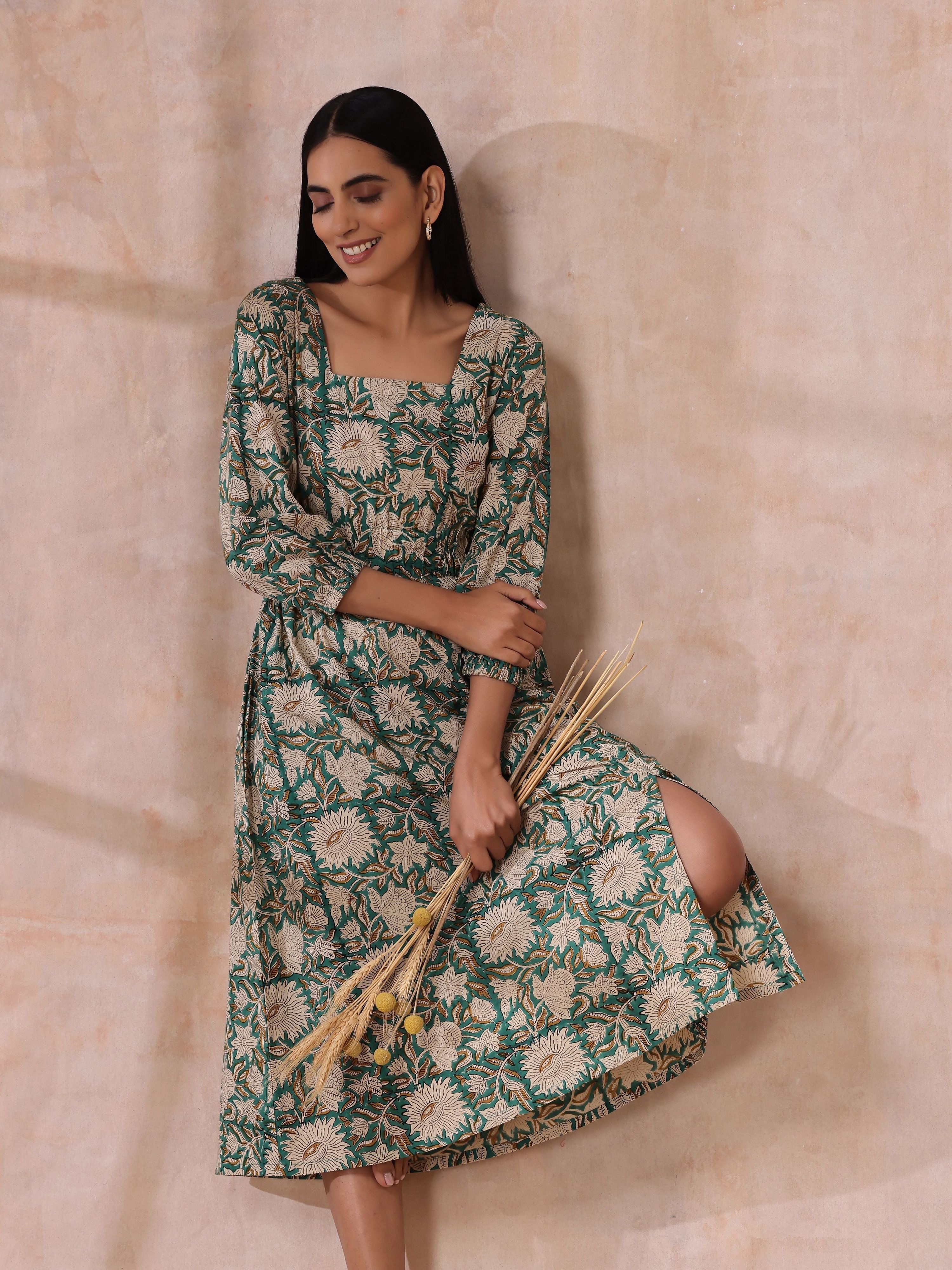 trueBrowns Fern Green Overall Floral Block Print Cotton Square Neck Dress - Distacart