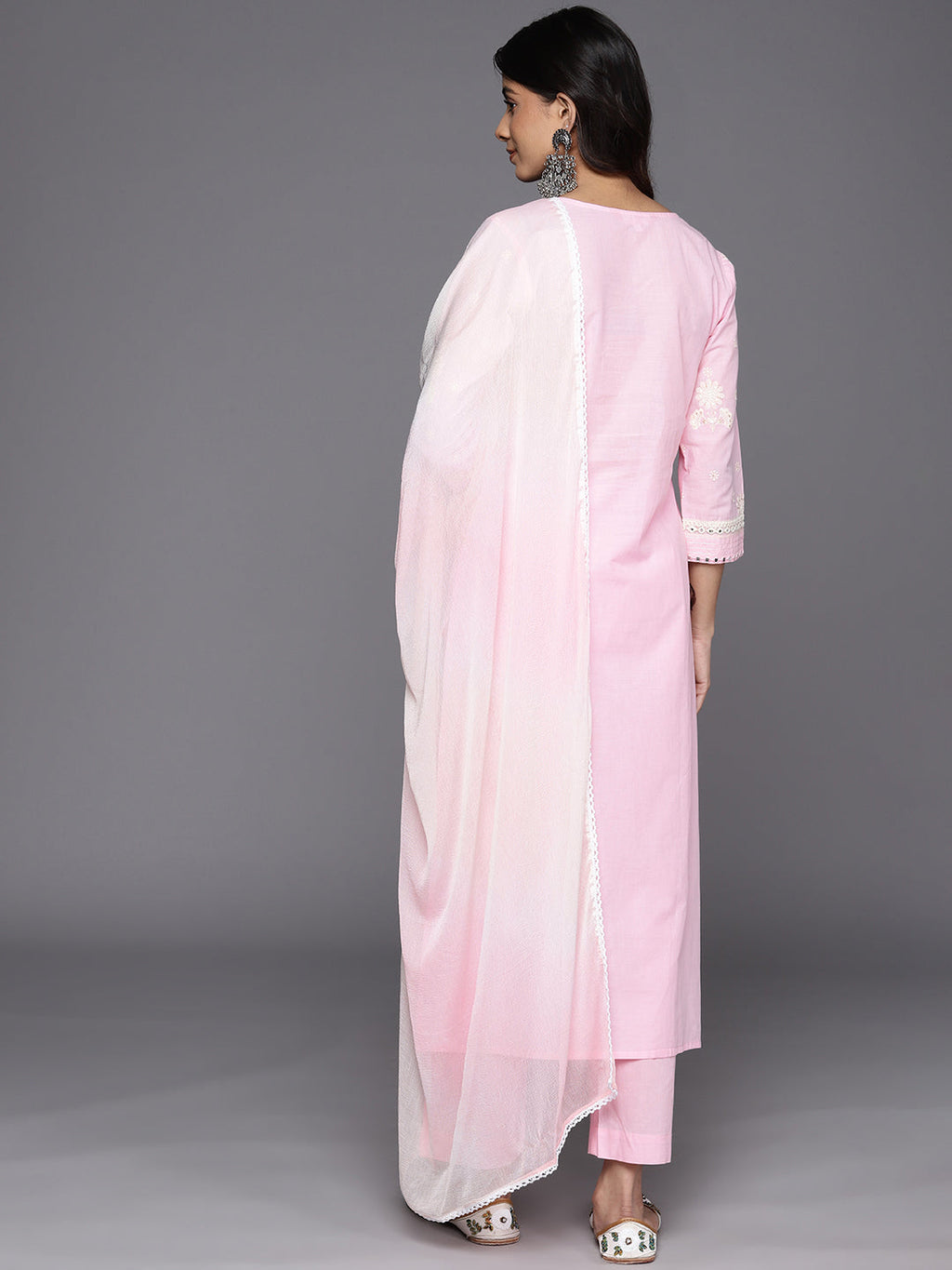 KSUT (House of Varanga) Pink Thread And Mirror Embroidered Kurta Paired With Straight Trouser And Chiffon Dupatta - Distacart