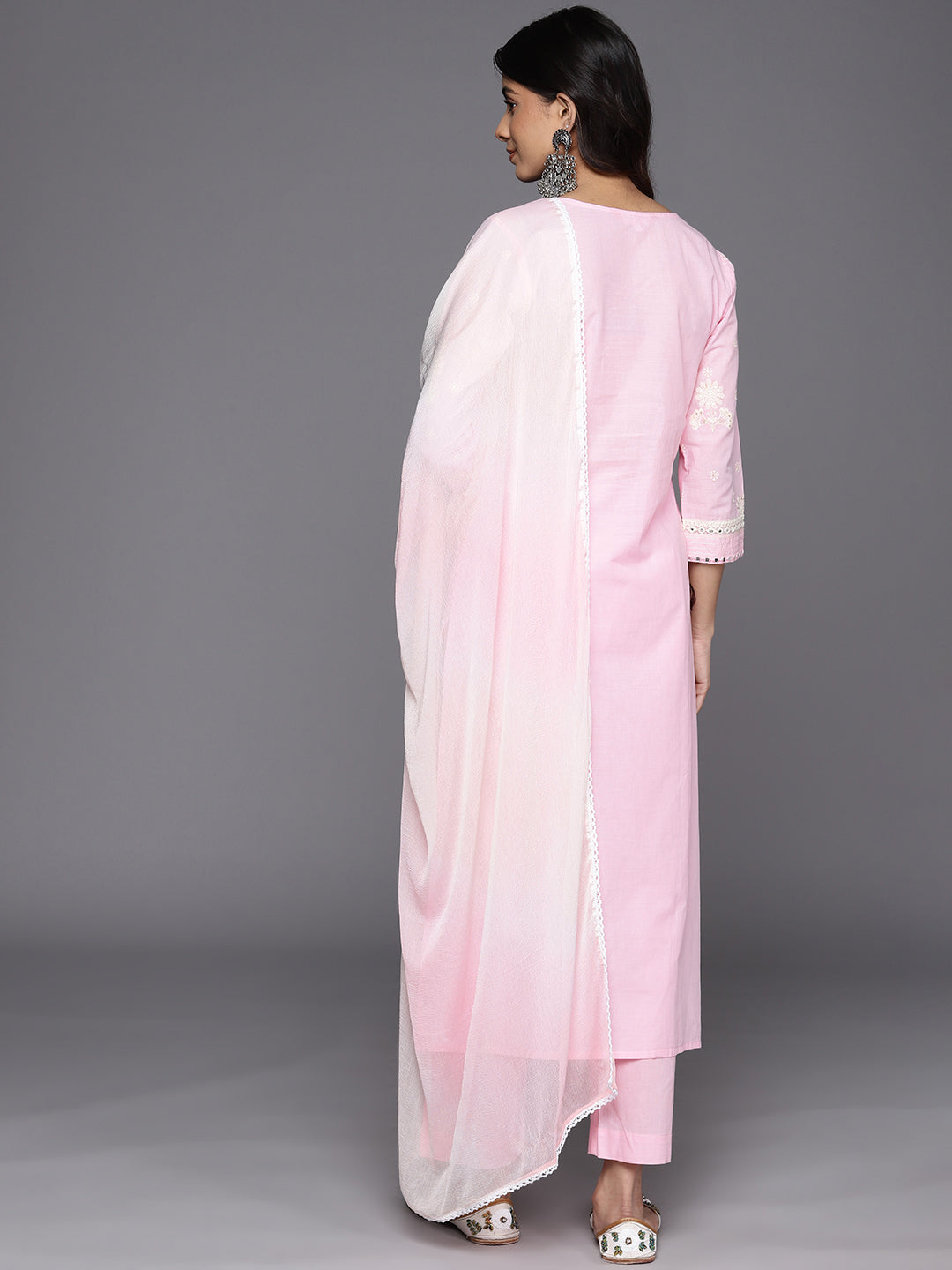 KSUT (House of Varanga) Pink Thread And Mirror Embroidered Kurta Paired With Straight Trouser And Chiffon Dupatta - Distacart