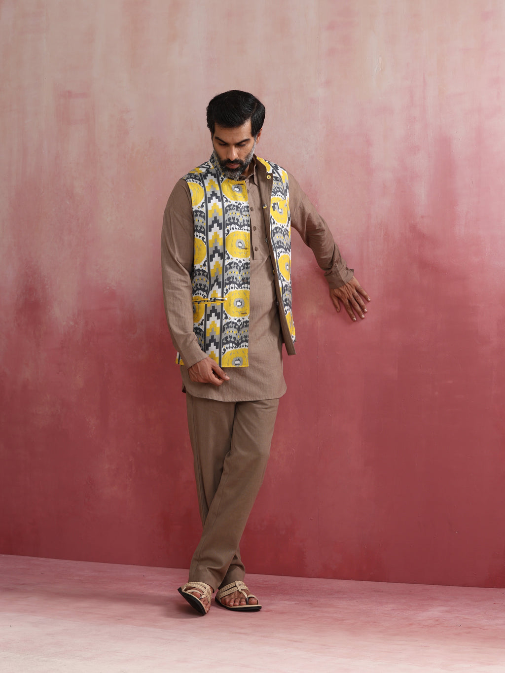 trueBrowns Men's Grey Ikat Print Cotton Reversible Nehru Jacket