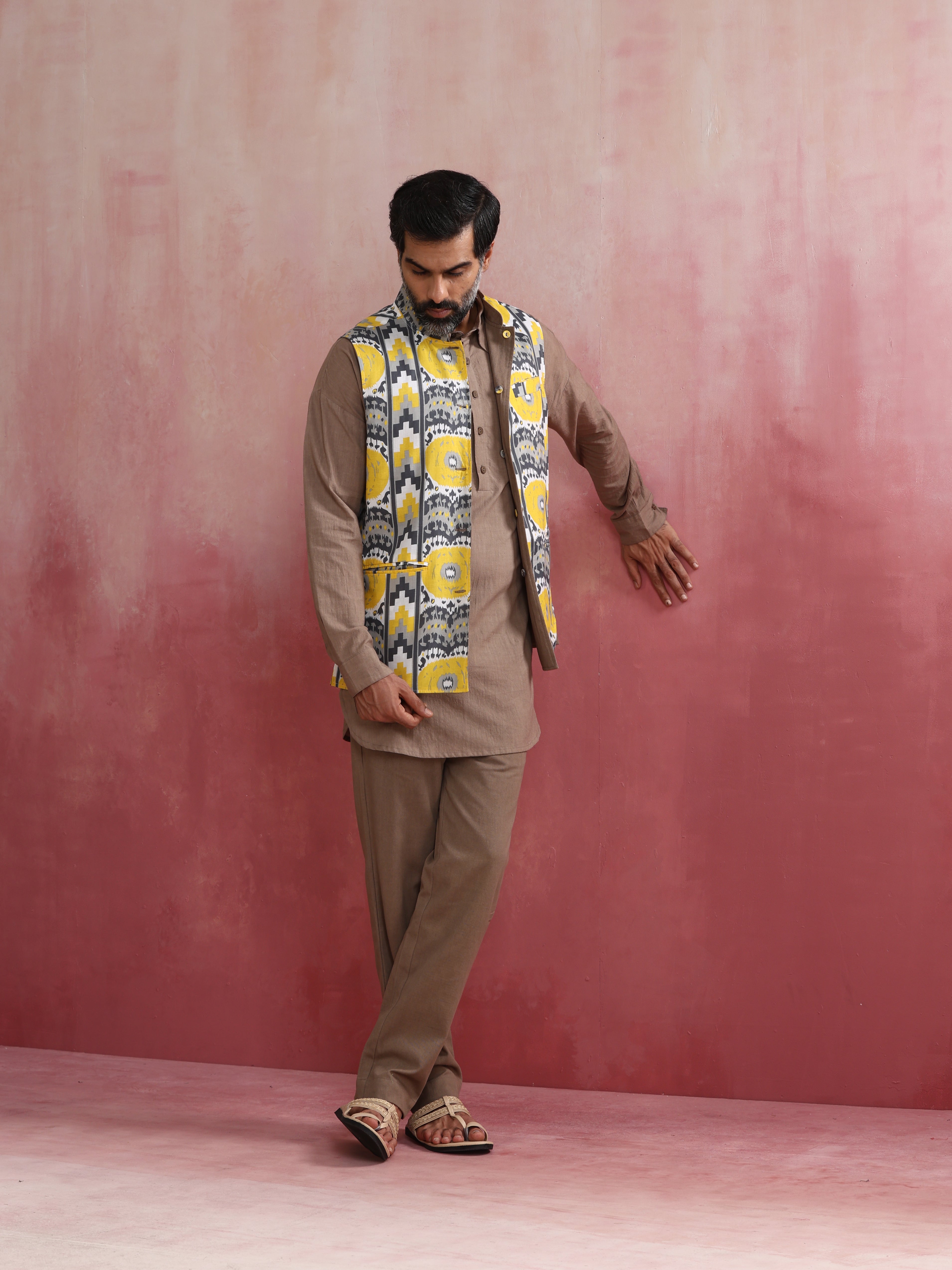 trueBrowns Men's Grey Ikat Print Cotton Reversible Nehru Jacket