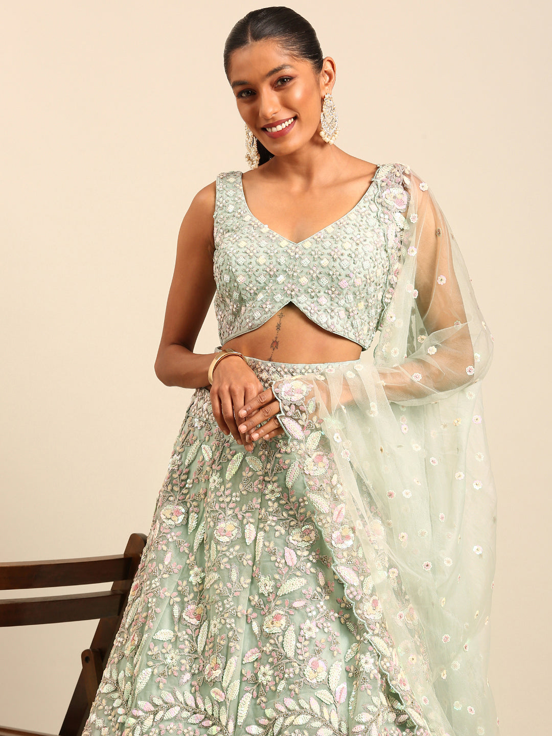 House of Panchhi Sea green Net Multi Sequins with heavy Zarkan embroidery Lehenga choli & Dupatta
